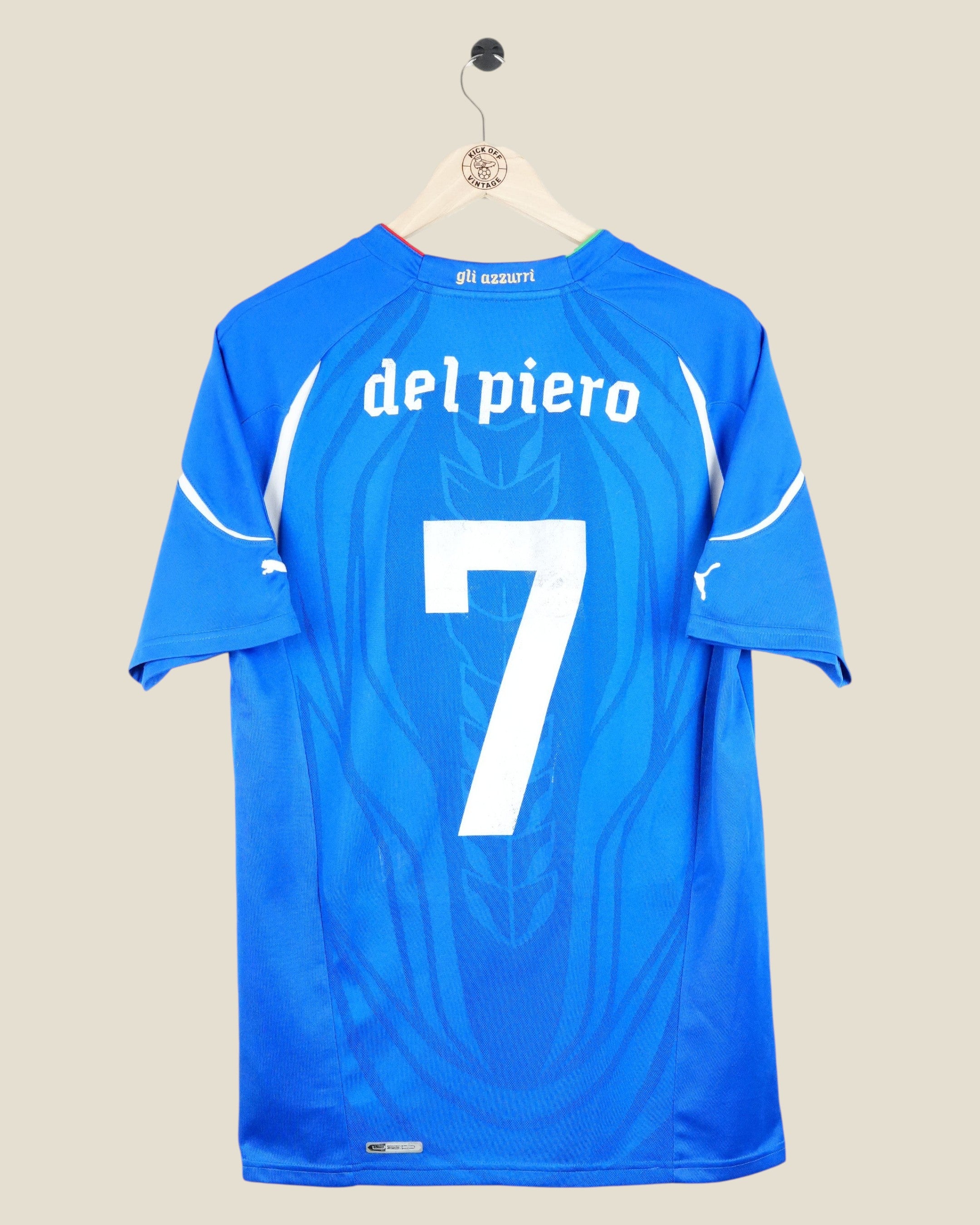 Kick Off Vintage Italy 2011 Del Piero home football jersey in blue with white number 7, back view on a hanger