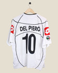 Kick Off Vintage Juventus 1998/99 Del Piero #10 home football jersey in white with black details on a wooden hanger