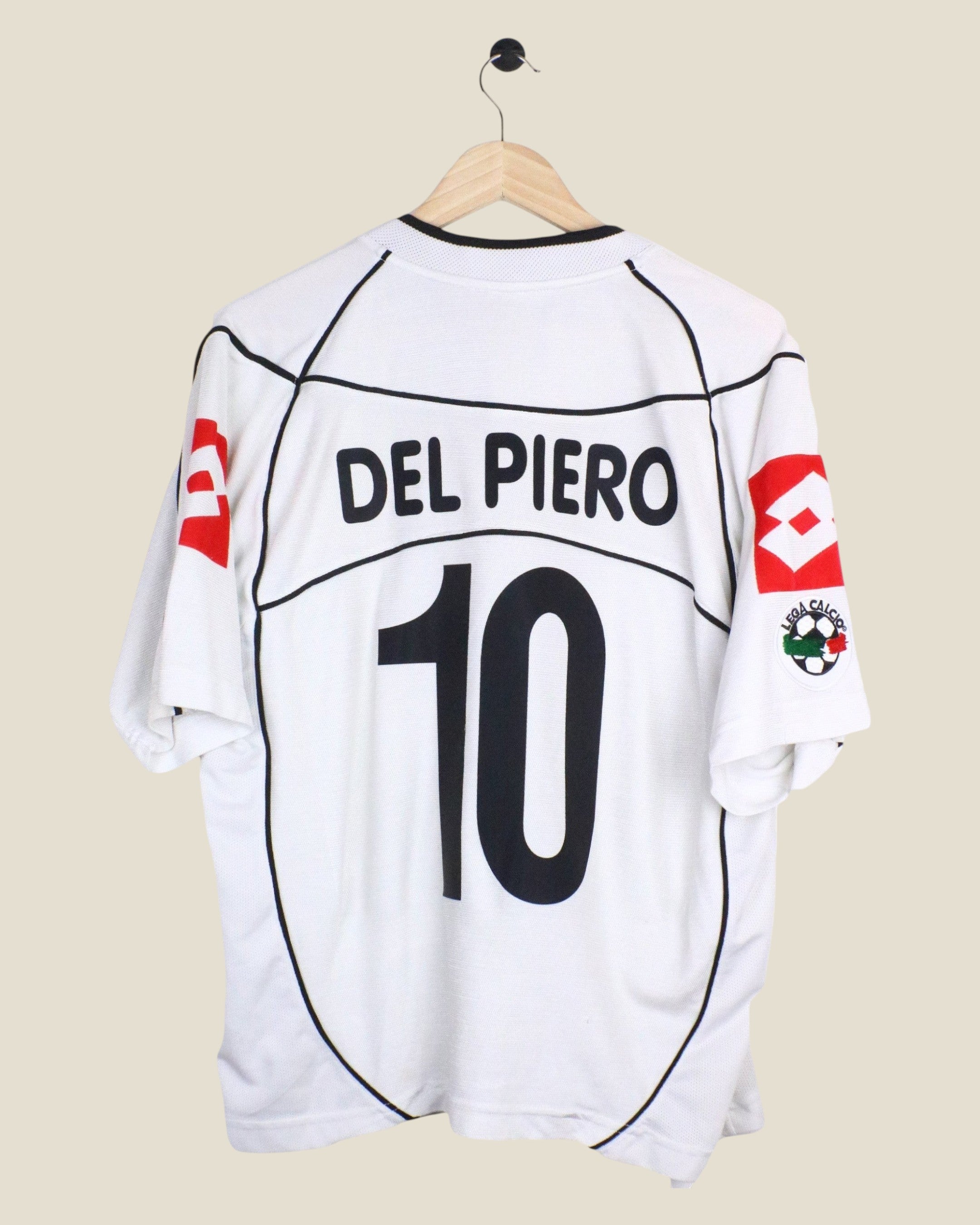Kick Off Vintage Juventus 1998/99 Del Piero #10 home football jersey in white with black details on a wooden hanger