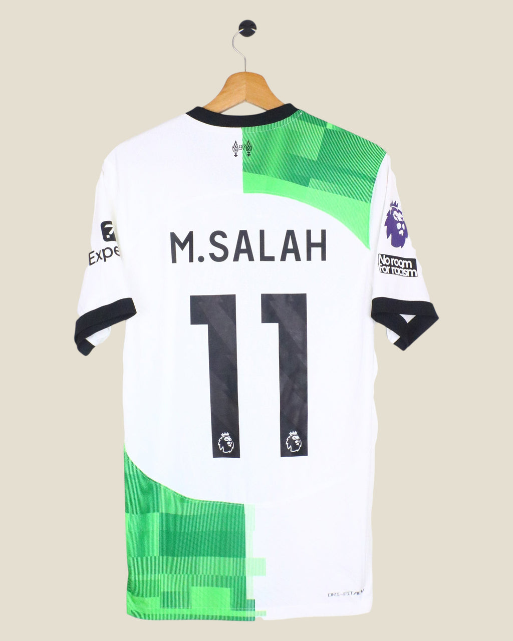 Kick Off Vintage Liverpool 2023/24 Salah away player version jersey in white and green with black number 11