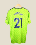 Kick Off Vintage Manchester United 2022/23 Antony #21 away jersey in neon green with dark blue lettering