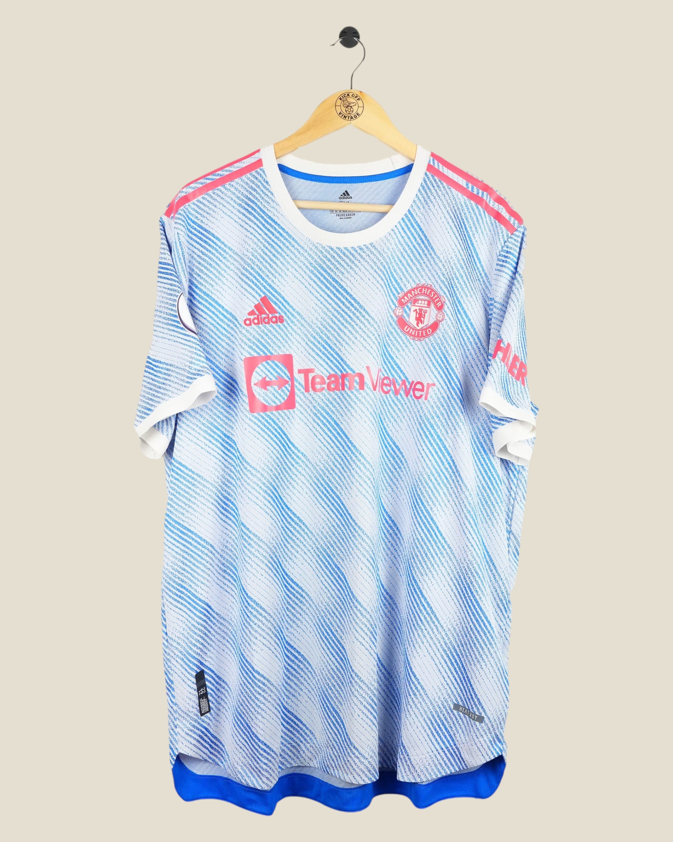 Kick Off Vintage Manchester United 2021/22 away player version shirt in white and blue with red accents