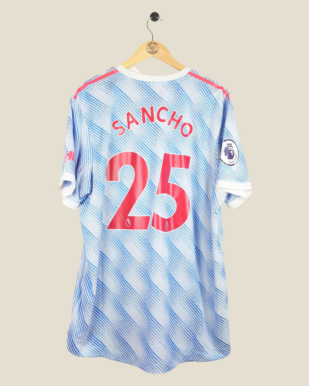 Kick Off Vintage Manchester United 2021/22 Sancho away player version shirt with number 25 in blue and red