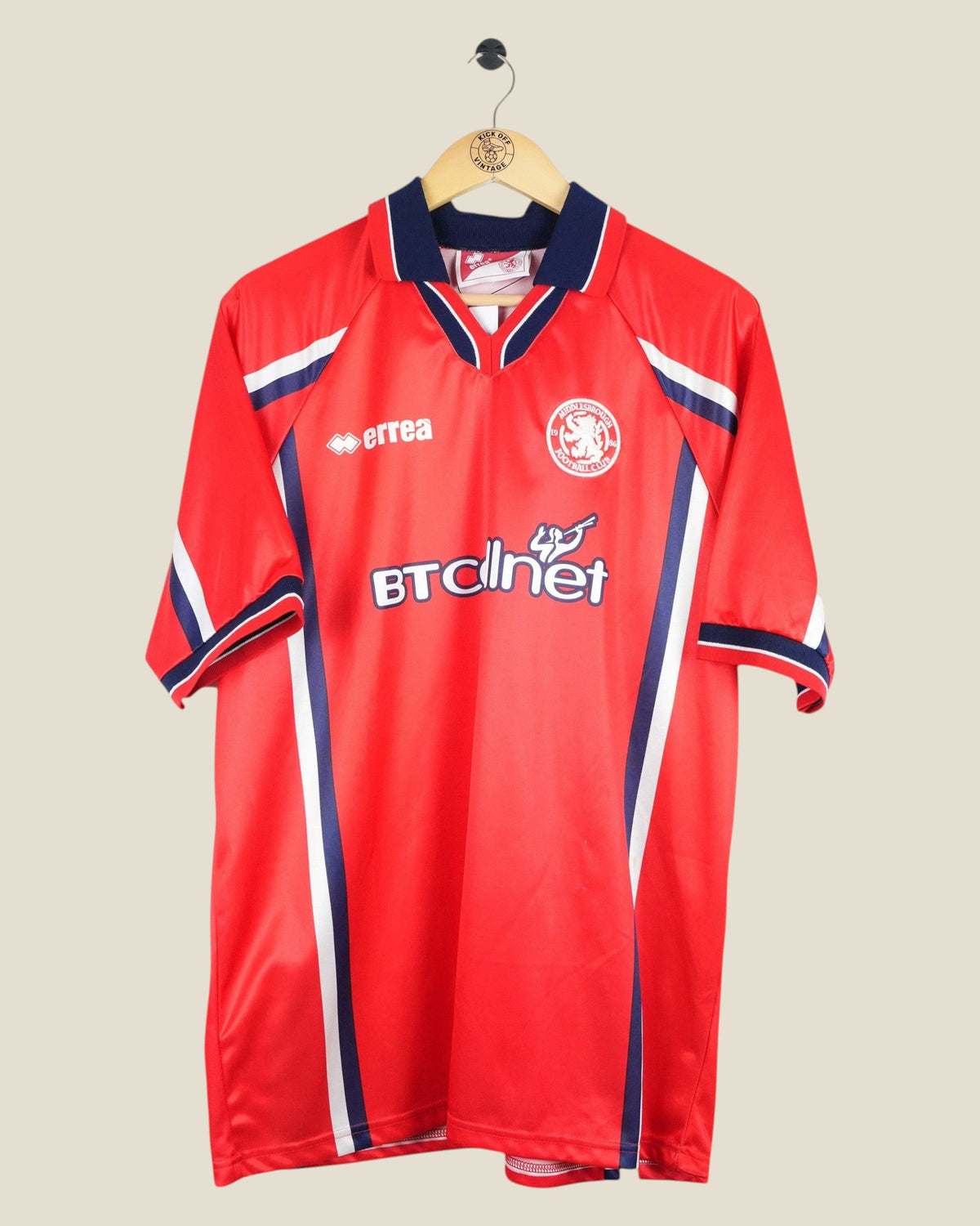 Kick Off Vintage Middlesbrough 1998-00 home football shirt in red with navy and white accents and Errea branding