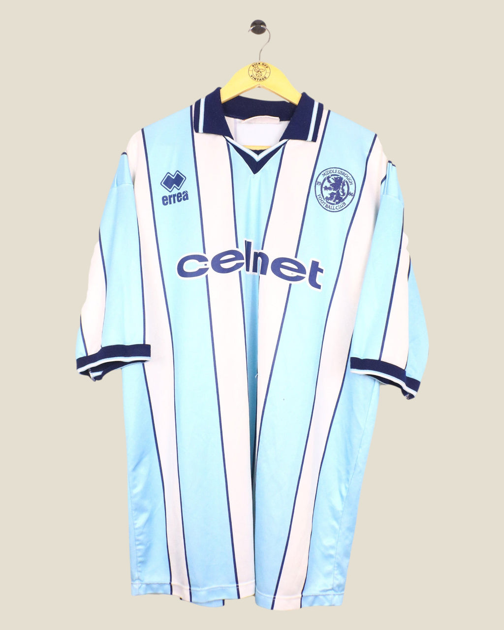 Kick Off Vintage Middlesbrough 1998-00 away football shirt in light blue and white stripes with navy collar