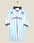 Kick Off Vintage Middlesbrough 1998-00 away football shirt in light blue and white stripes with navy collar