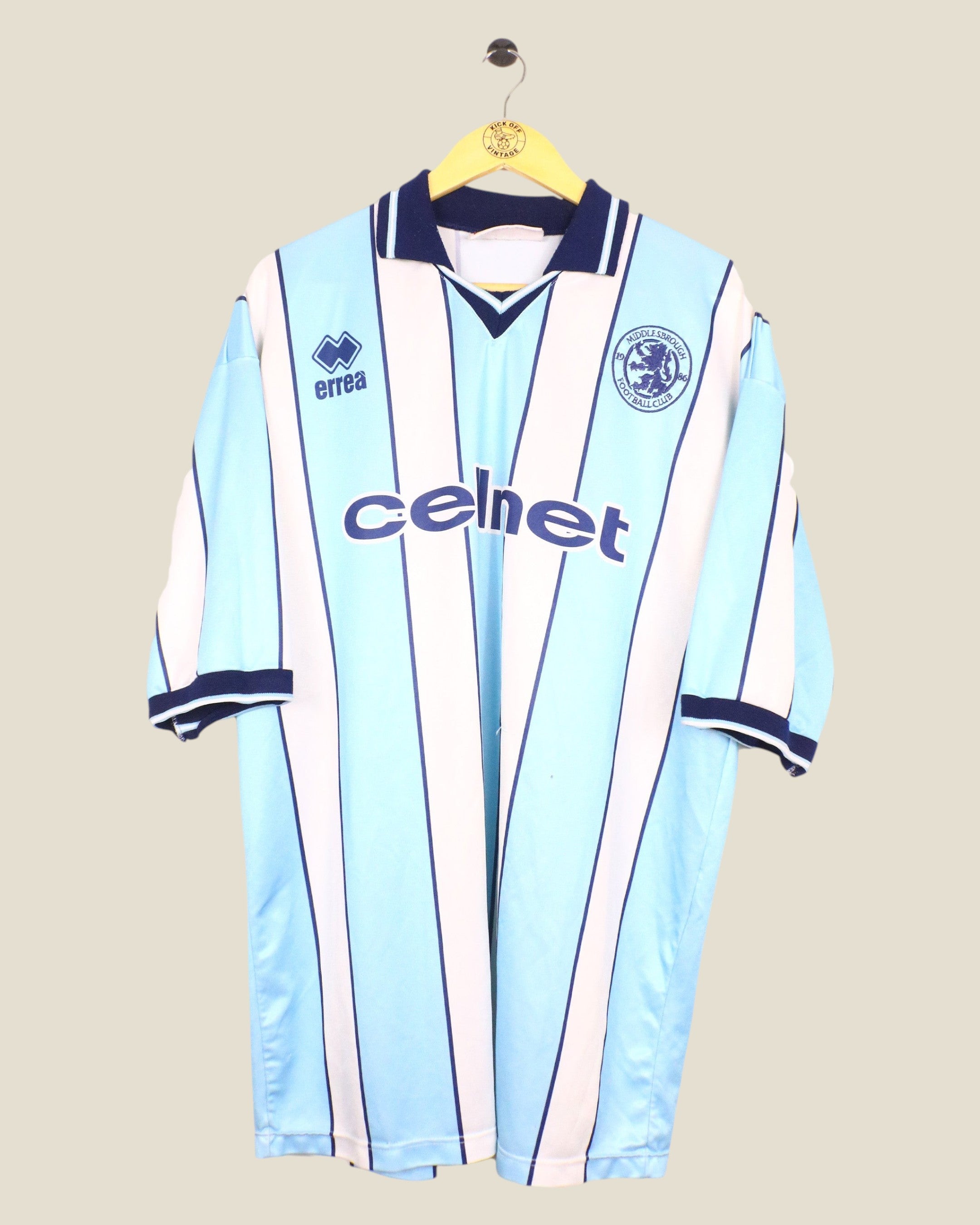 Kick Off Vintage Middlesbrough 1998-00 away football shirt in light blue and white stripes with navy collar