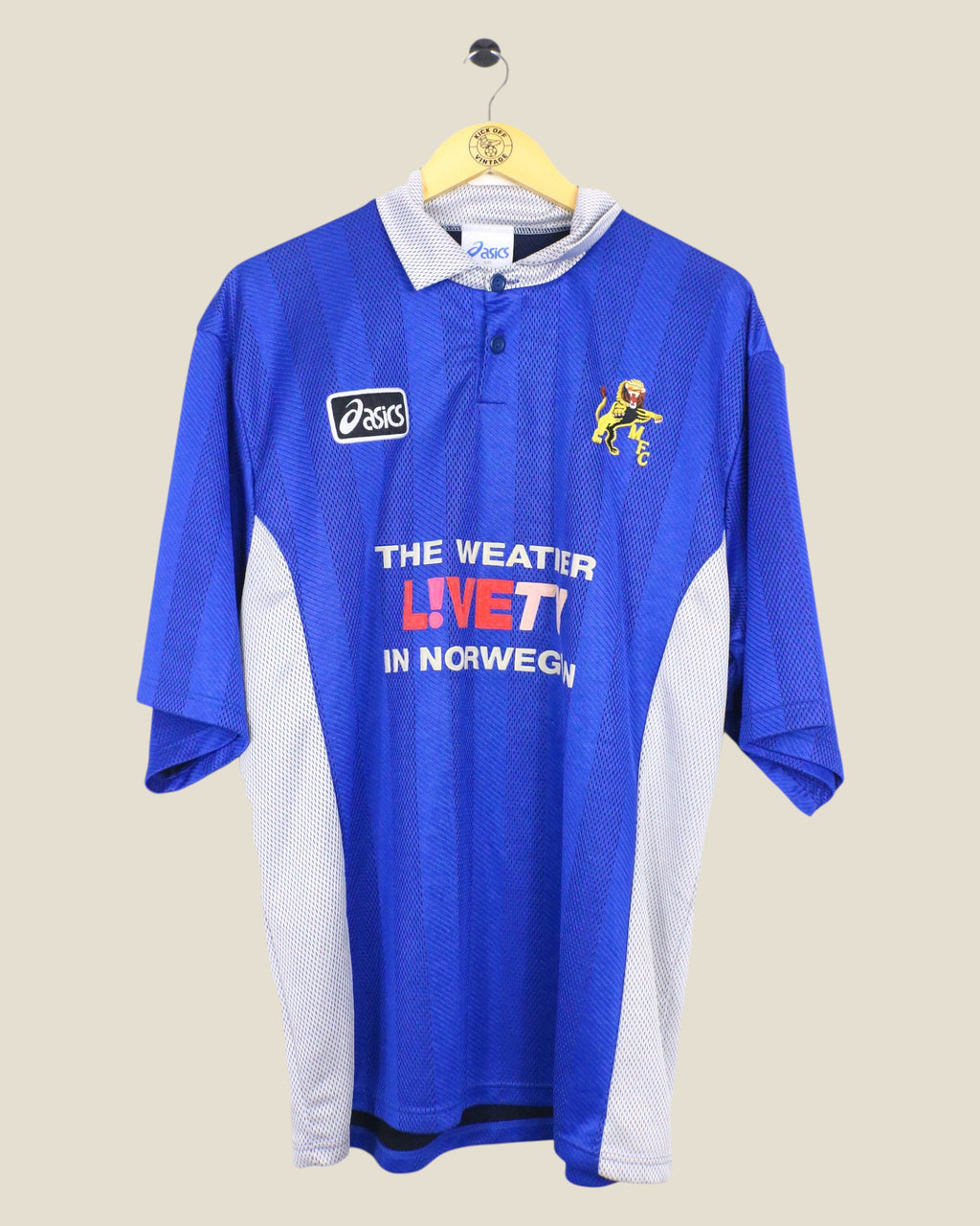 Kick Off Vintage Millwall 1997/99 home football shirt in blue with white accents, Asics logo, and club crest.