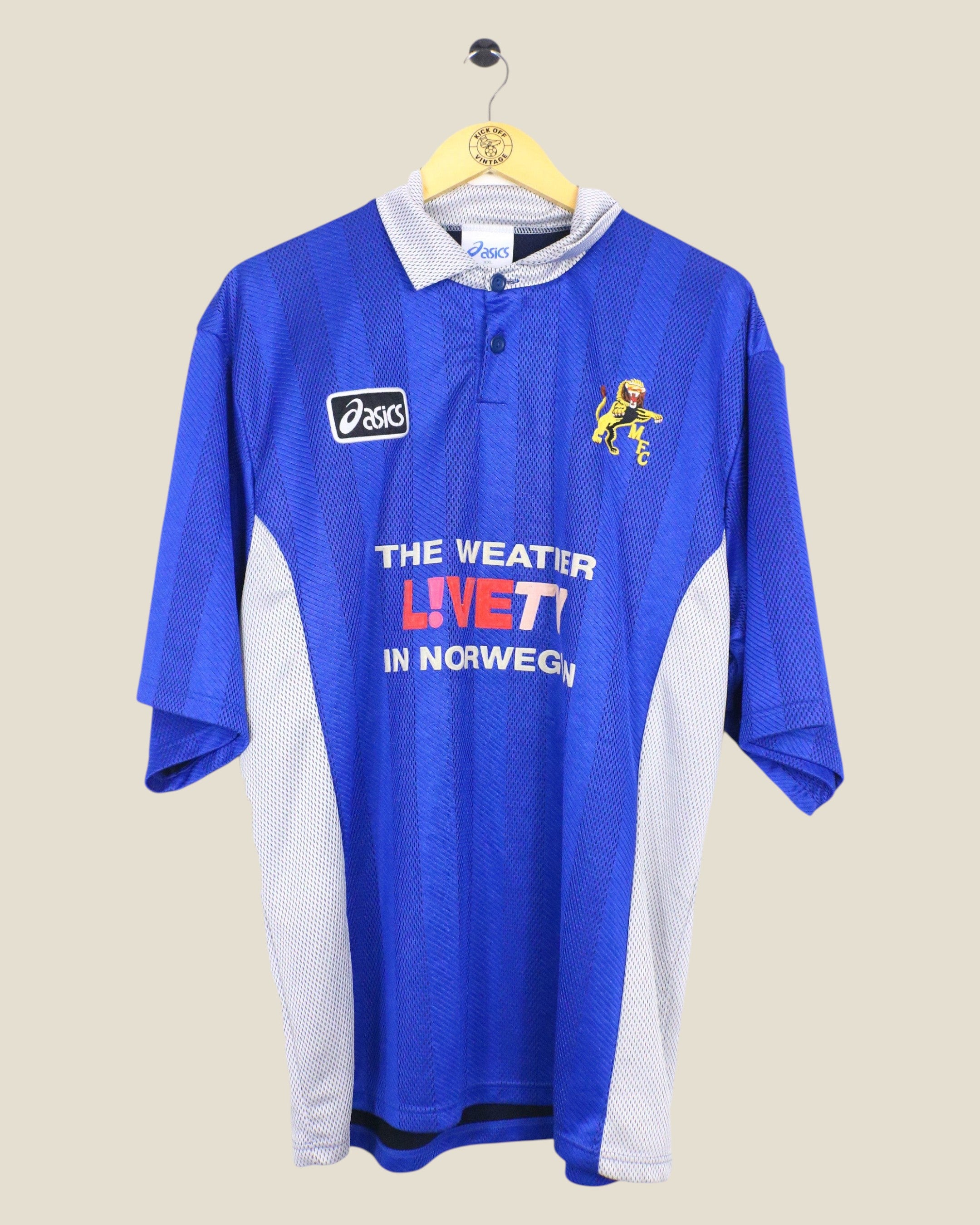 Kick Off Vintage Millwall 1997/99 home football shirt in blue with white accents, Asics logo, and club crest.