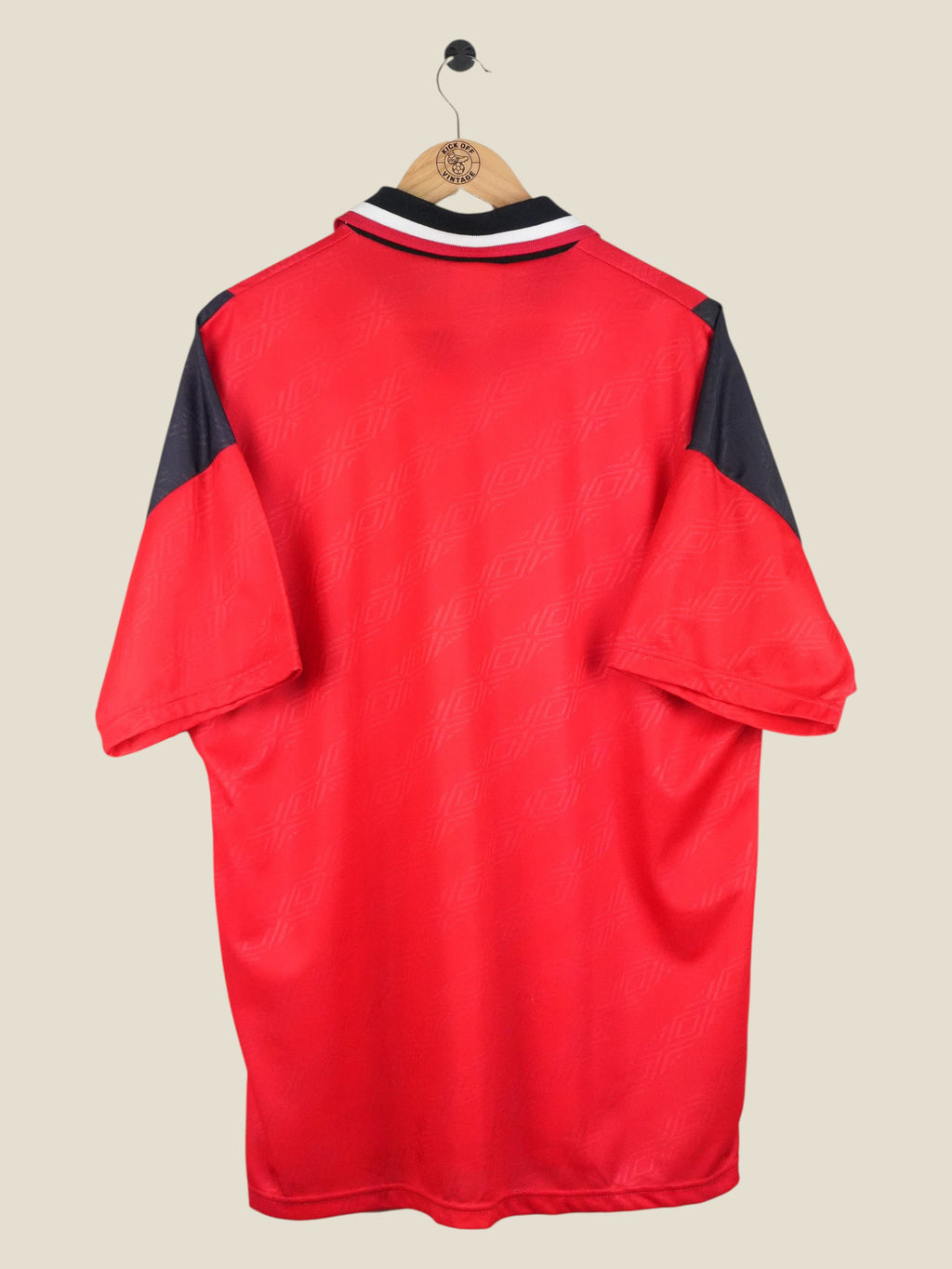Back view of Kick Off Vintage Nottingham Forest 1994/96 home football shirt in red with black sleeves and collar