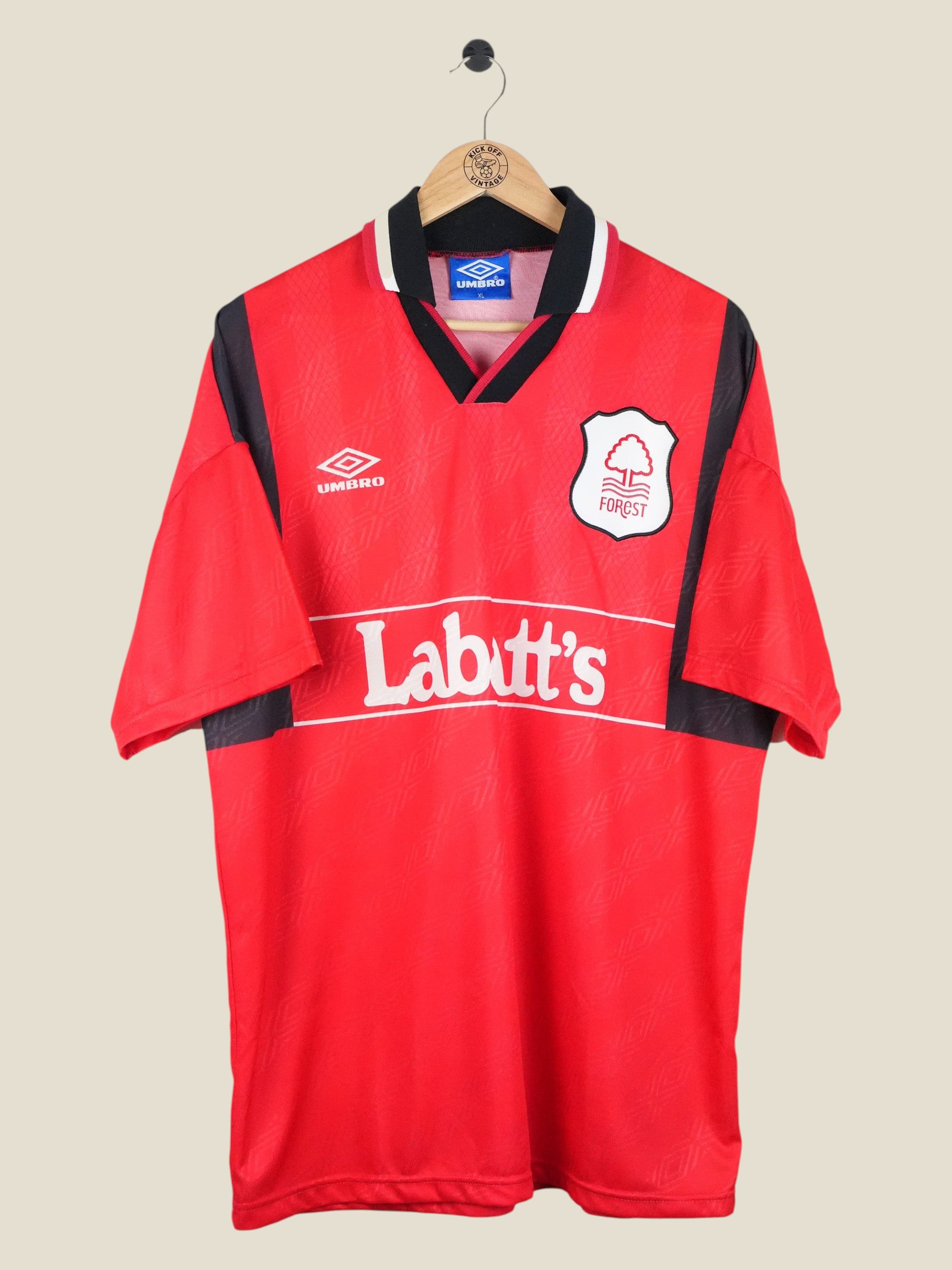Kick Off Vintage Nottingham Forest 1994-96 home football shirt in red with black accents and Umbro branding