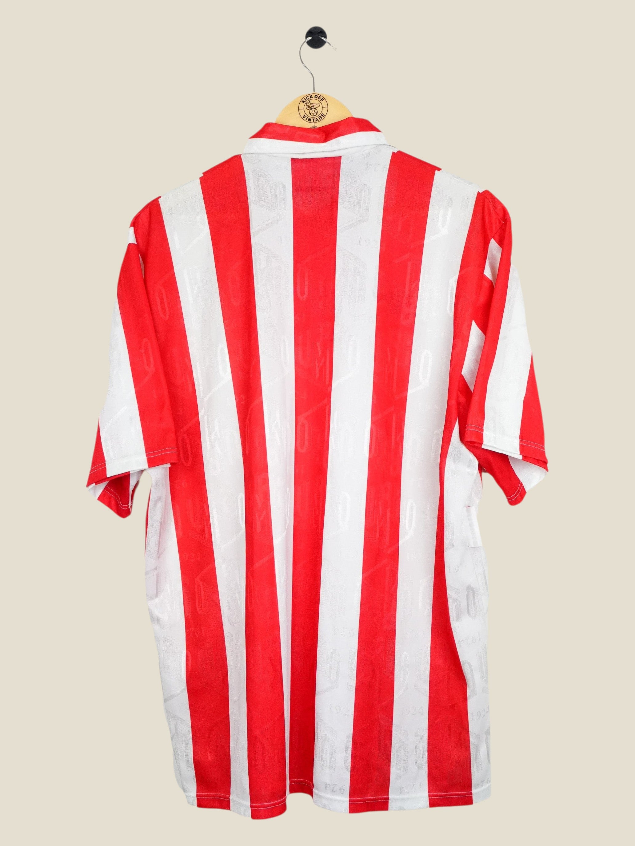 Kick Off Vintage 1992/93 Olympiakos home football shirt featuring iconic red and white vertical stripes