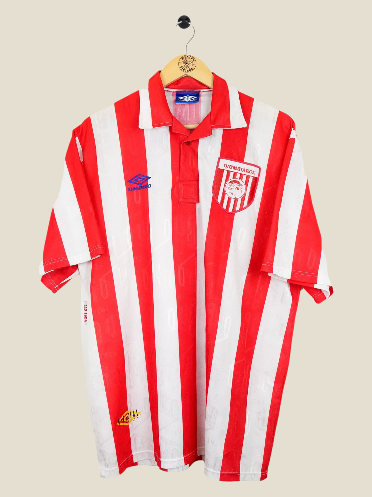 Kick Off Vintage 1992-93 Olympiakos home football shirt with red and white stripes, collar, and Umbro logo.