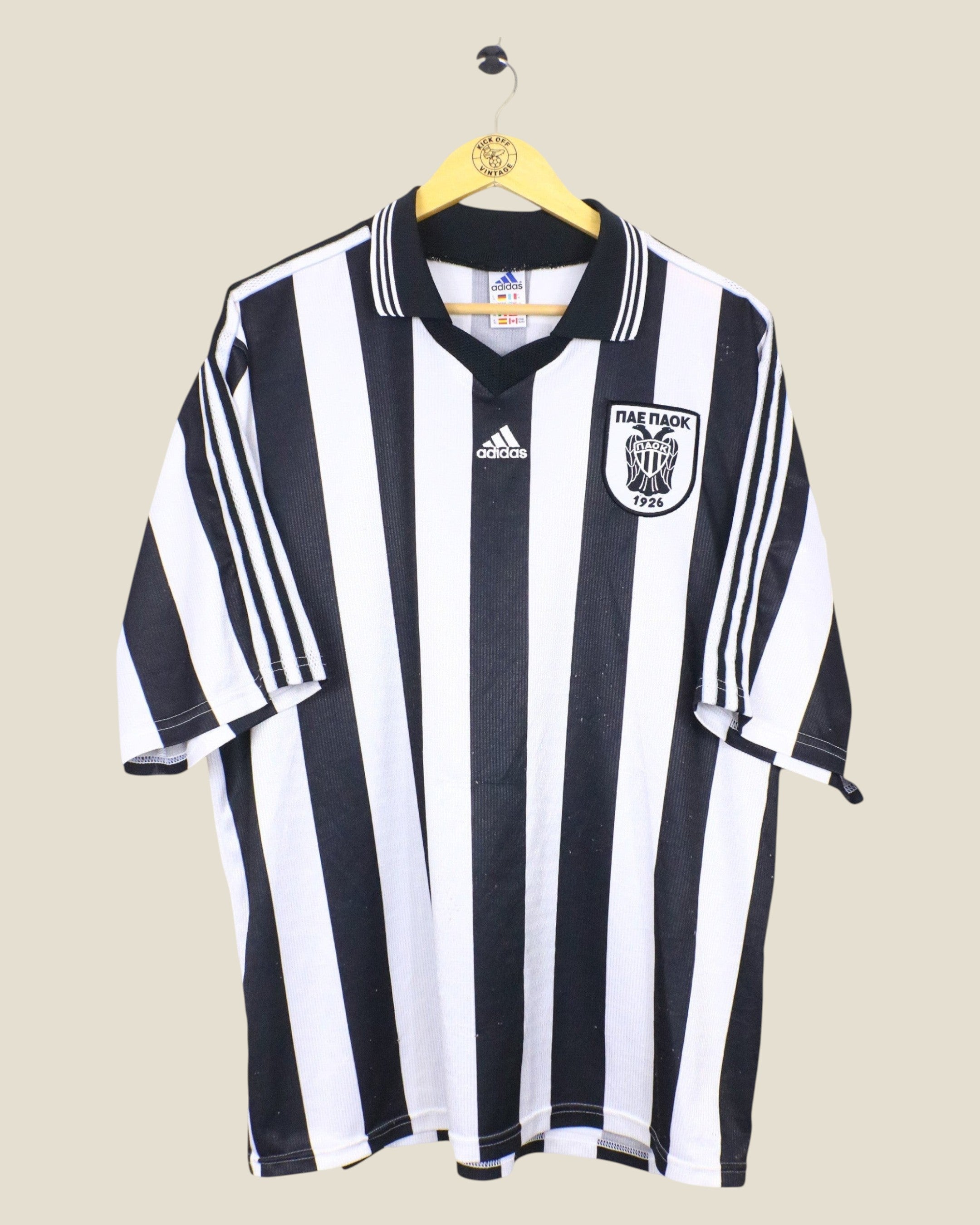 Kick Off Vintage PAOK 1998/99 home football shirt by Adidas with black and white stripes and club crest
