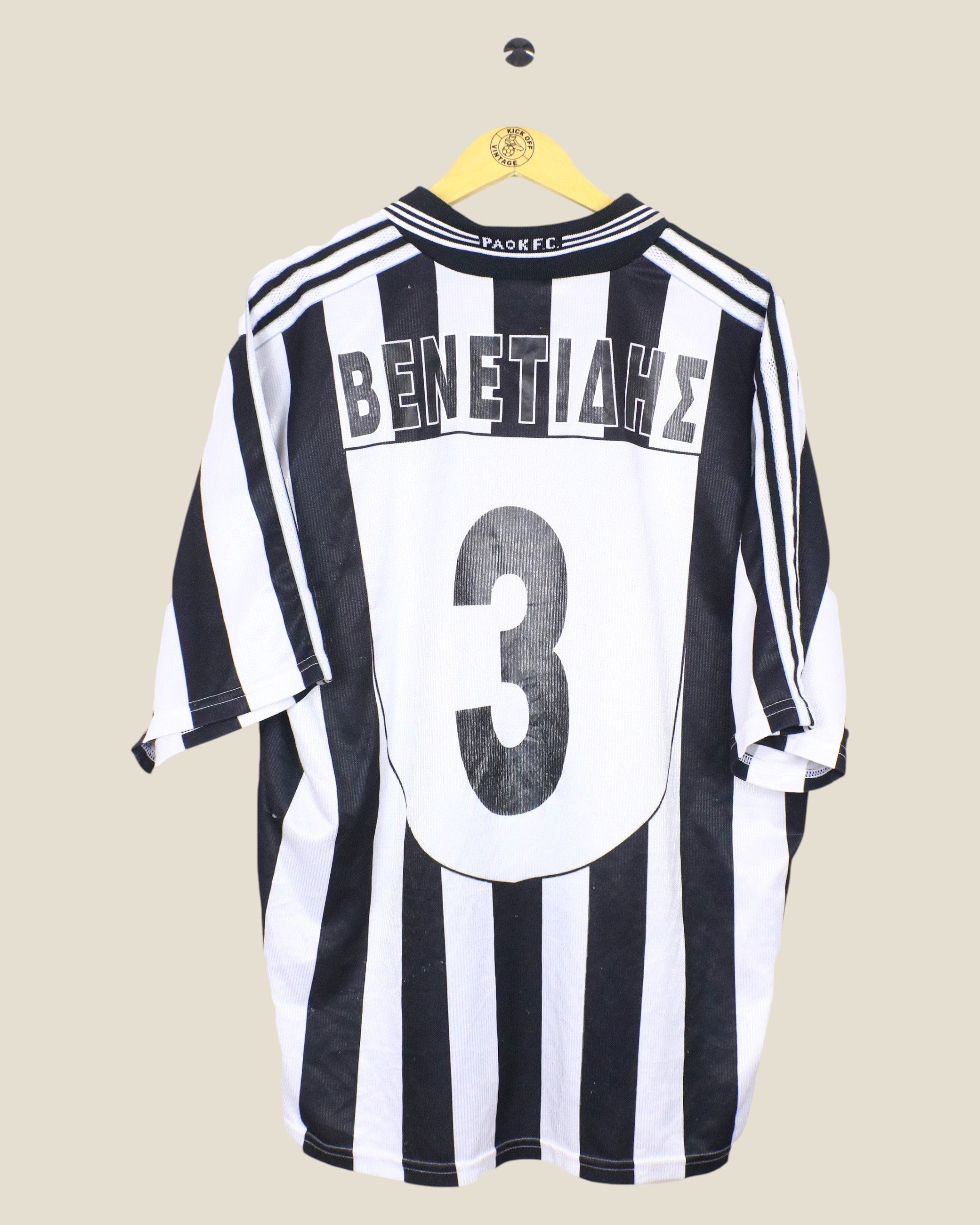Kick Off Vintage PAOK 1998/99 Benetiahe home football shirt featuring black and white stripes and number 3 on back