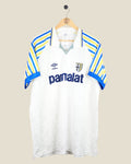 Kick Off Vintage Parma 1990-92 home football shirt in white with blue and yellow striped sleeves and Parmalat sponsor