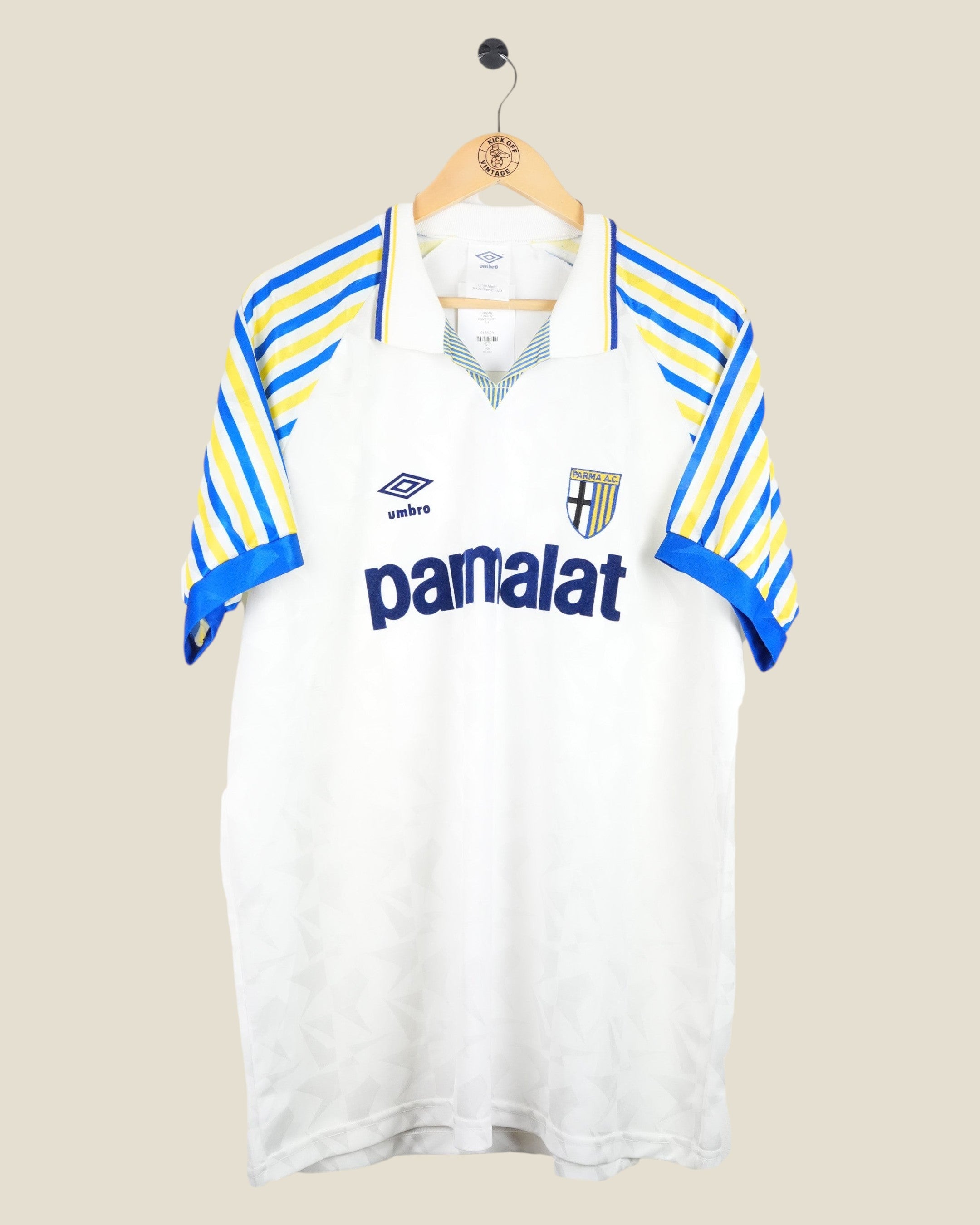 Kick Off Vintage Parma 1990-92 home football shirt in white with blue and yellow striped sleeves and Parmalat sponsor