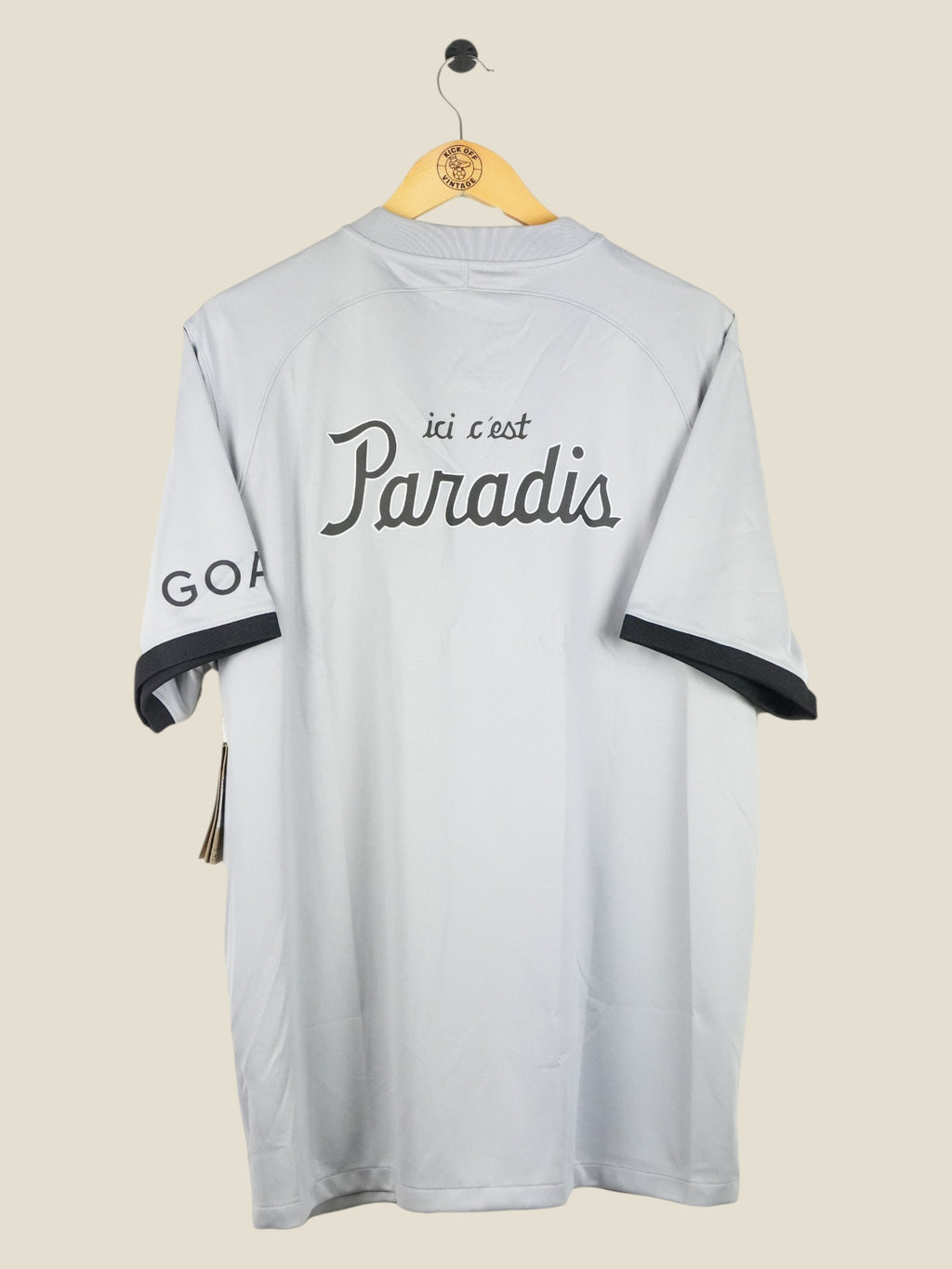 Kick Off Vintage Paris Saint-Germain 2022/23 away football jersey in grey with Paradis print on the back