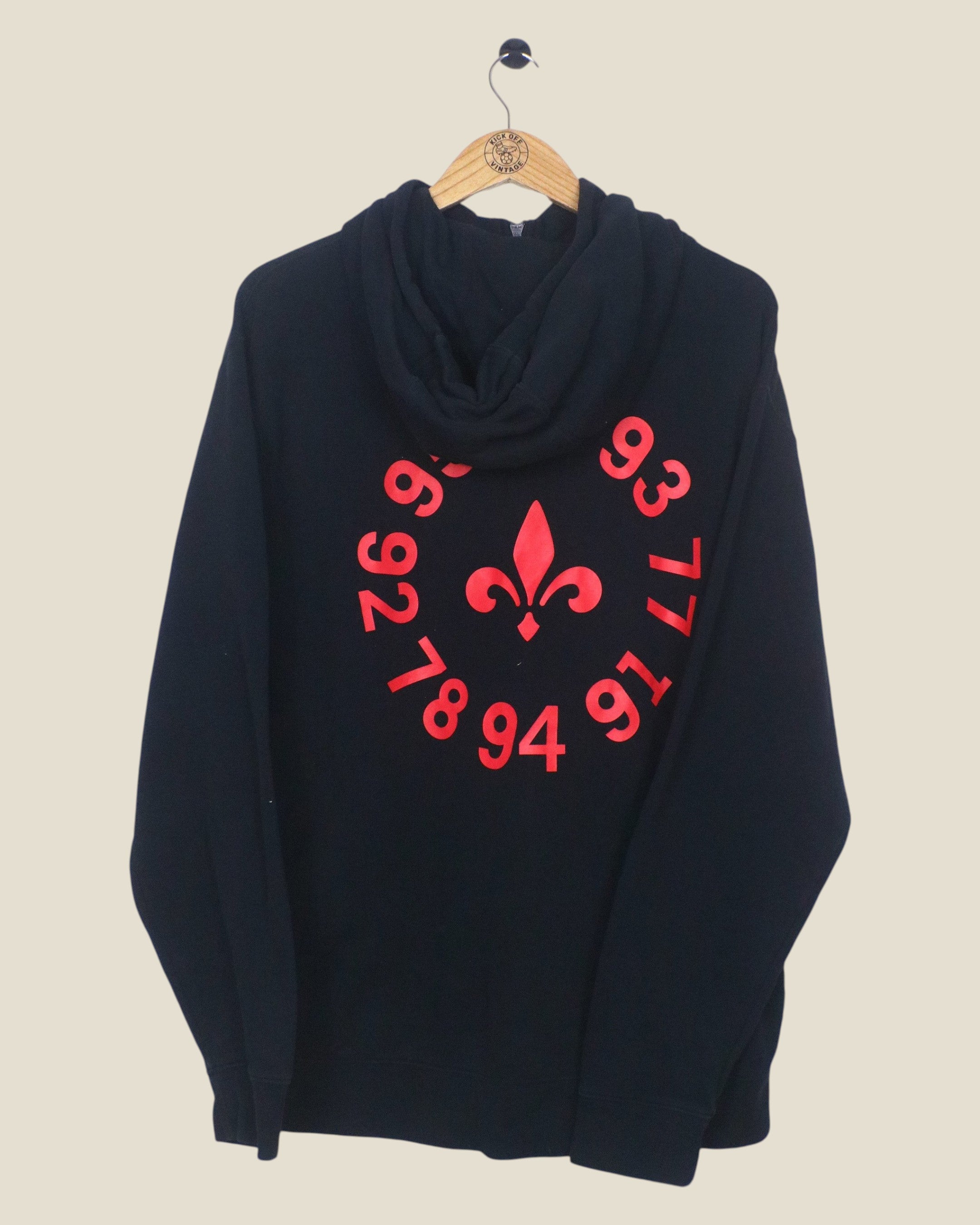 Kick Off Vintage Paris Saint Germain 2021/22 black hoodie with red fleur-de-lis and number graphic on the back
