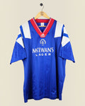 Kick Off Vintage Rangers 1992/93 home football shirt in blue with red V-neck collar and McEwan's Lager sponsor