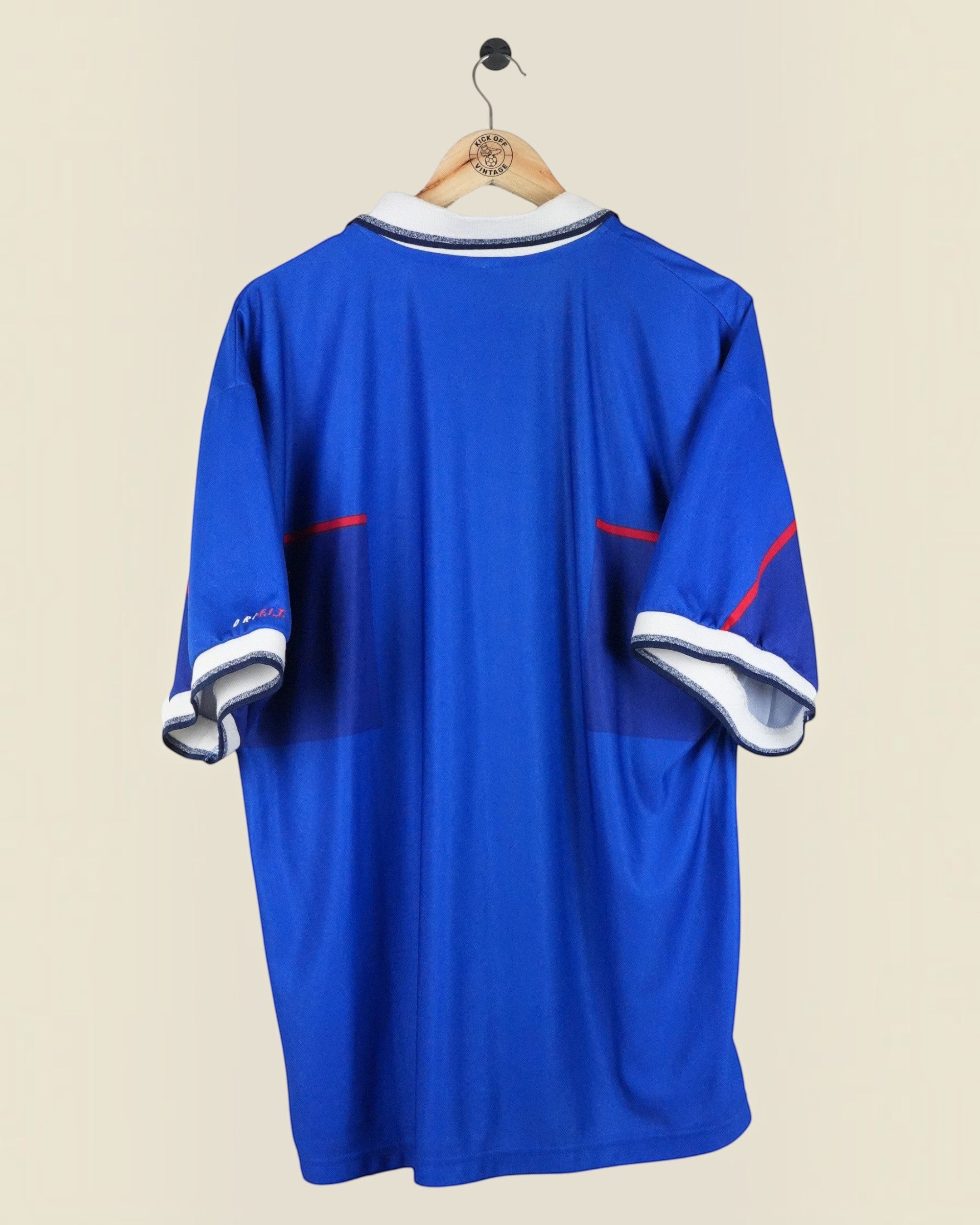 Back view of a vintage Kick Off Vintage Rangers 1998/99 home football shirt by Nike in blue with white trim.