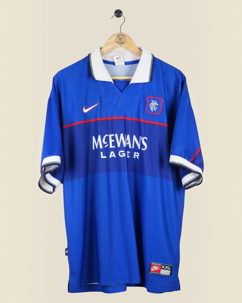 Kick Off Vintage Rangers 1998/99 home football shirt in blue with white collar and McEwan's Lager sponsor logo