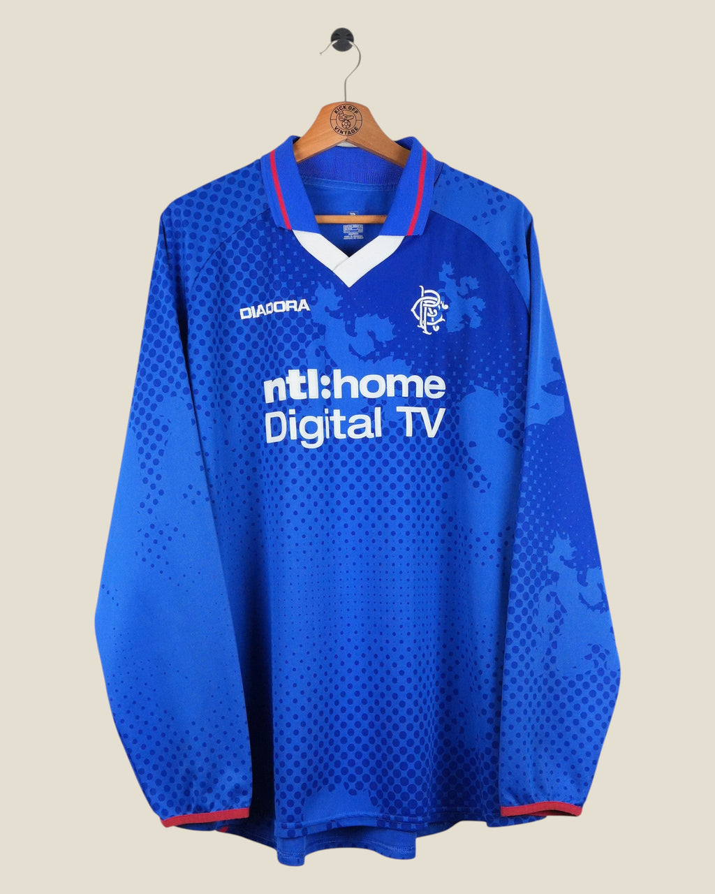 Kick Off Vintage Rangers 2002/03 long sleeve home football shirt in blue with white Diadora and ntl:home branding.