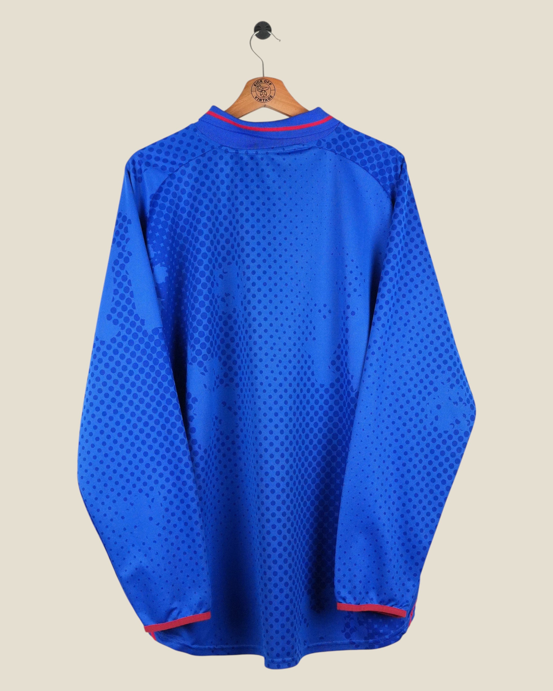 Kick Off Vintage Rangers 2002/03 long sleeve home football shirt in blue with red trim and subtle dot pattern