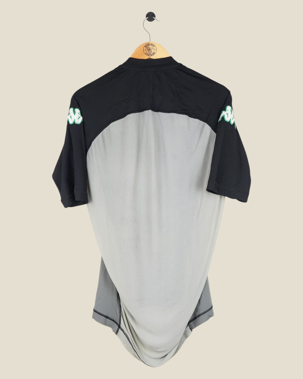 Back view of a vintage Kick Off Vintage Real Betis 2004/05 third football shirt in black and grey mesh fabric.