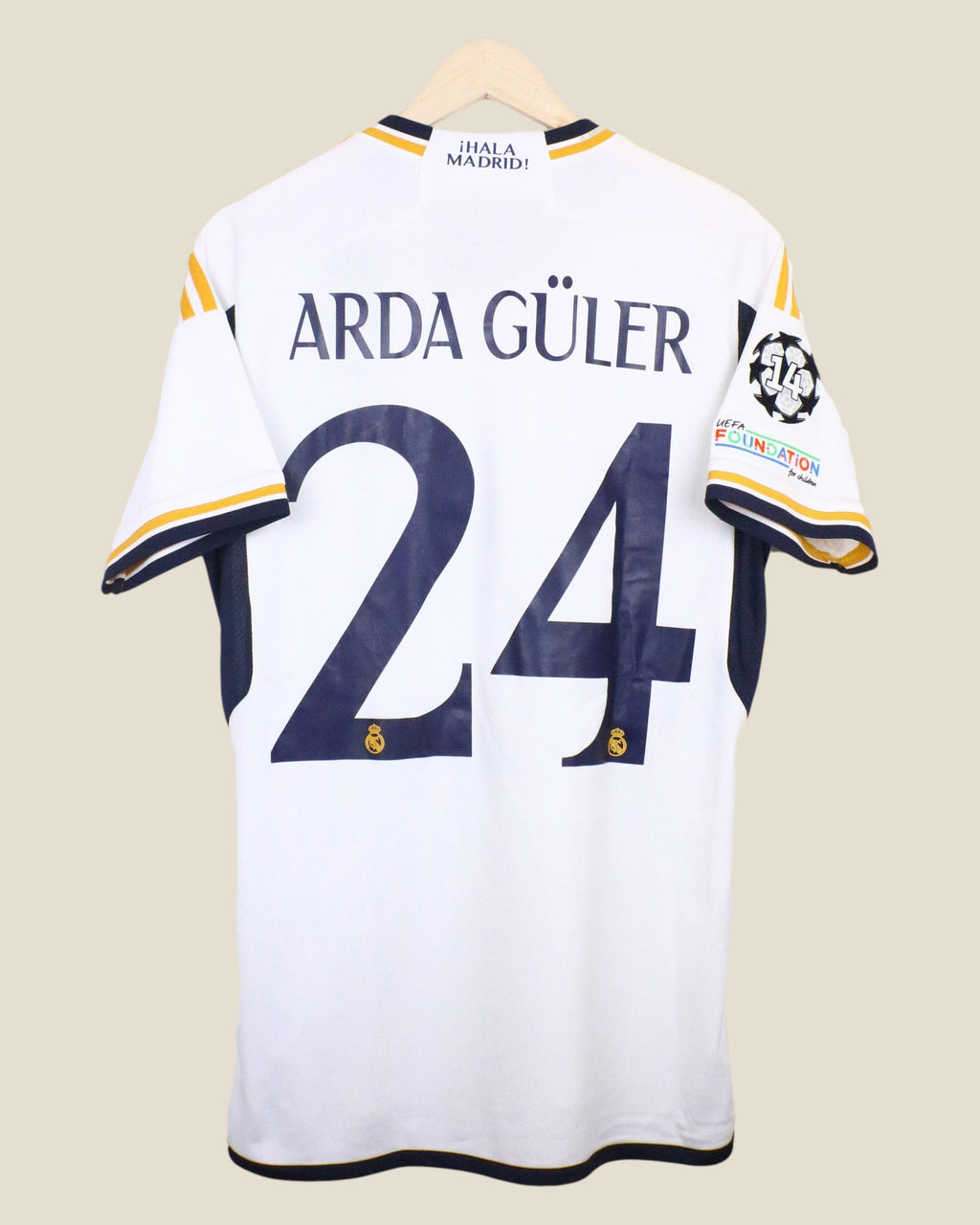 Kick Off Vintage Real Madrid 2023/24 home jersey featuring Arda Guler name and number 24 with UCL patches