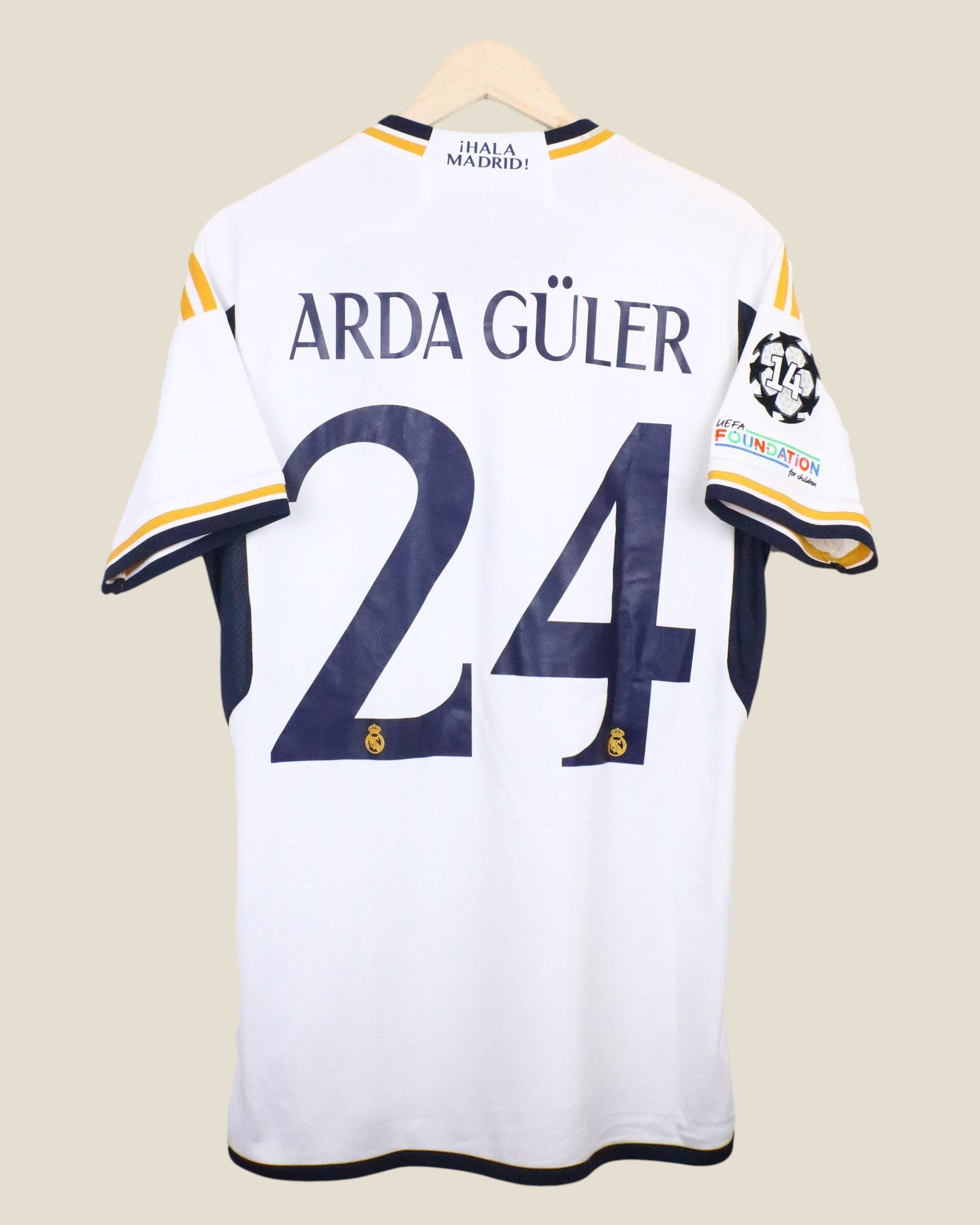 Kick Off Vintage Real Madrid 2023/24 home jersey featuring Arda Guler name and number 24 with UCL patches