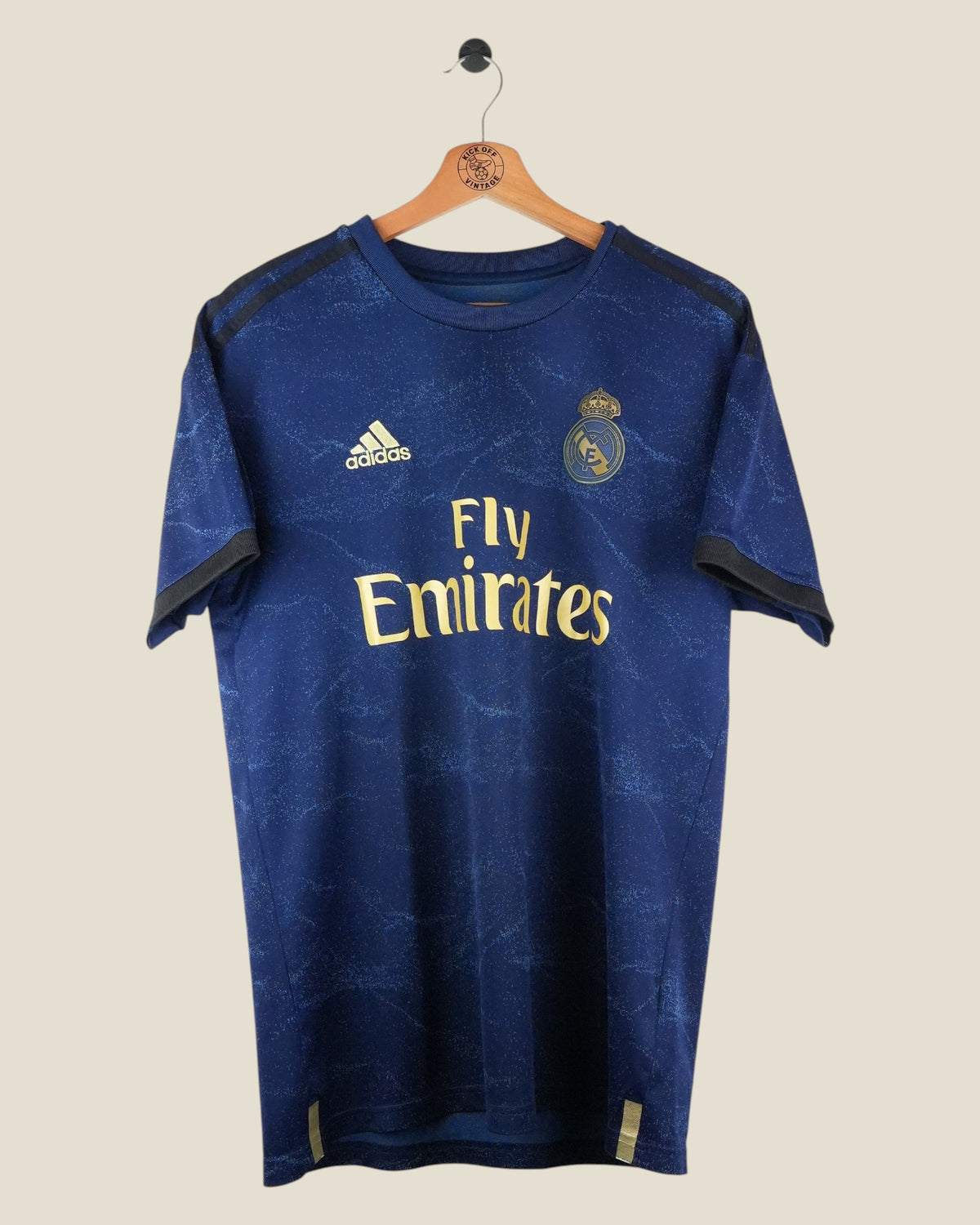 Kick Off Vintage Real Madrid 2019/20 away football shirt in navy blue with gold Adidas and Fly Emirates branding.