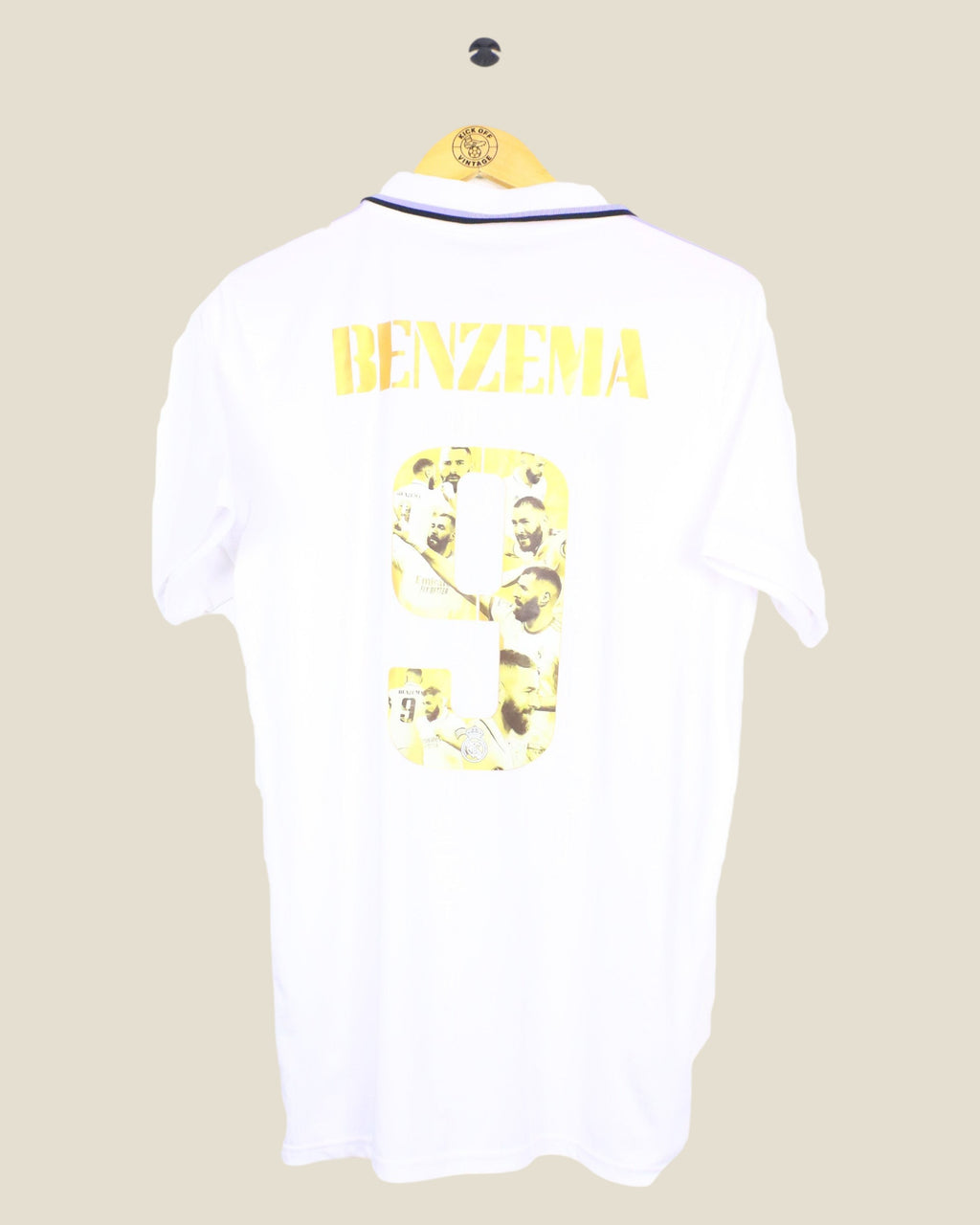 Kick Off Vintage Real Madrid 2022/23 Benzema home jersey with gold number 9 and player collage on back