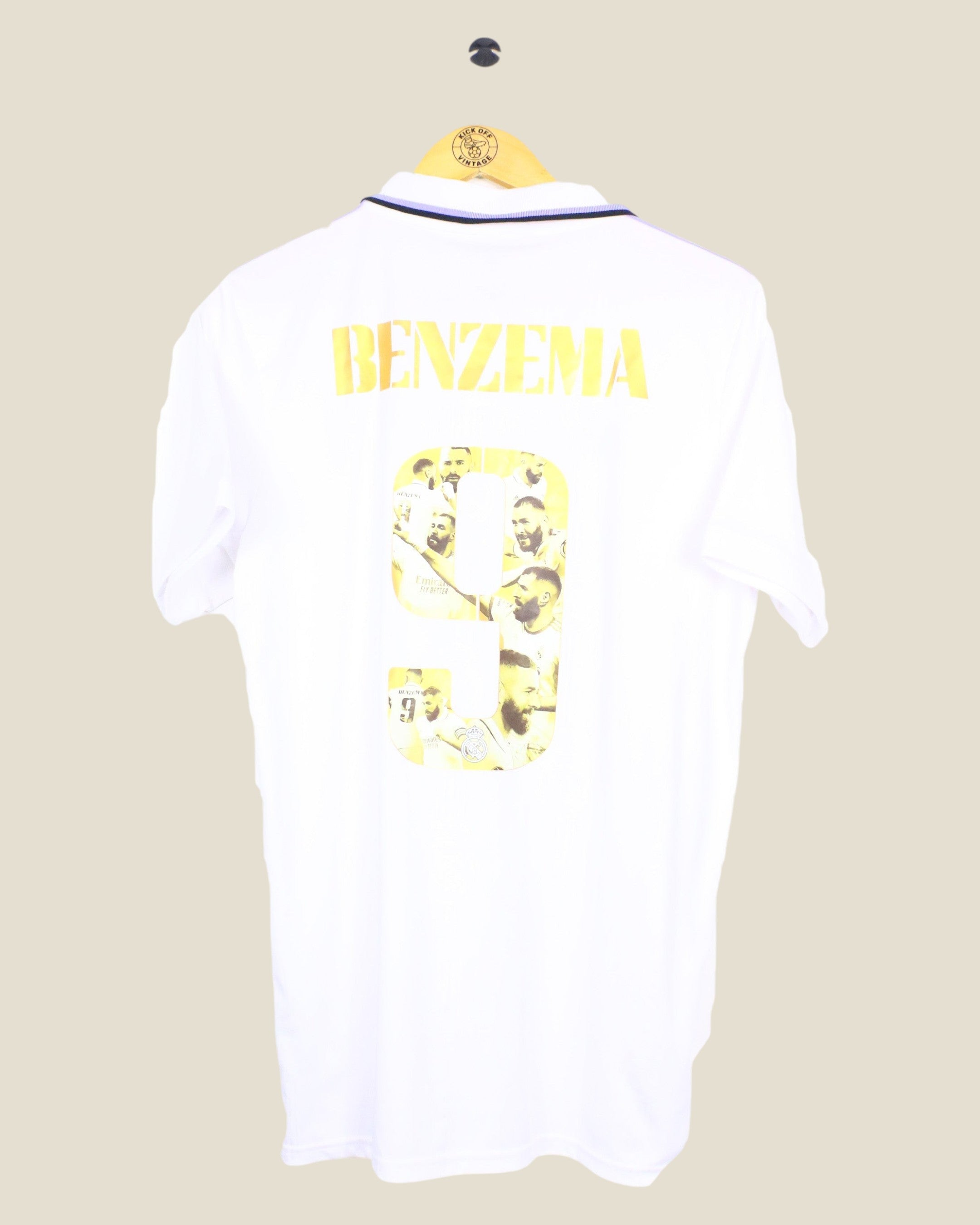 Kick Off Vintage Real Madrid 2022/23 Benzema home jersey with gold number 9 and player collage on back