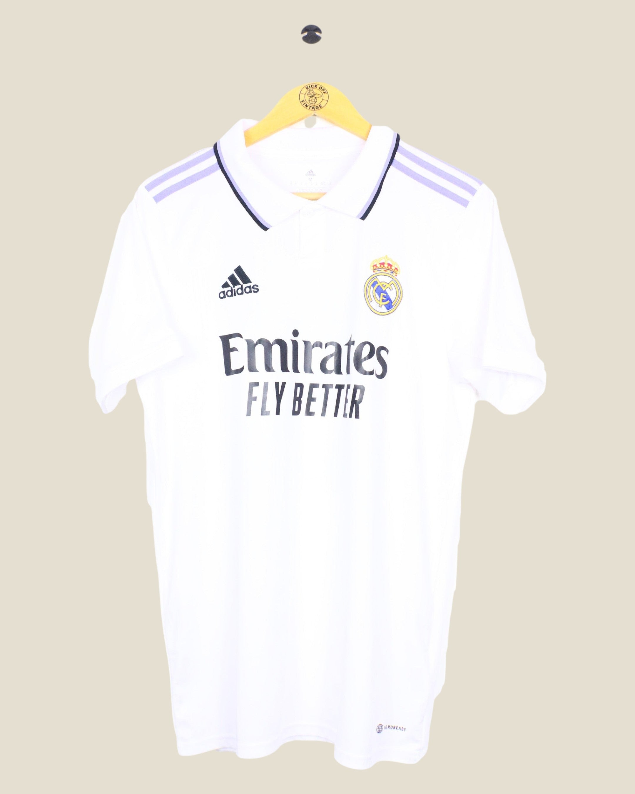 Kick Off Vintage Real Madrid 2022/23 home football shirt featuring Benzema, white with purple Adidas details.