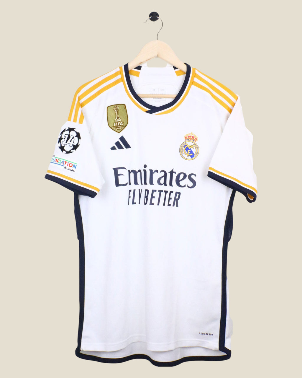 Kick Off Vintage Real Madrid 2023/24 home jersey featuring Arda Guler #24, UCL patches, and FIFA World Champions badge.