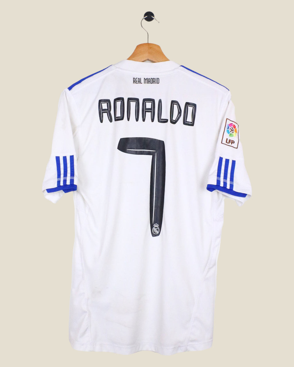 Kick Off Vintage Real Madrid 2010/11 Ronaldo #7 home jersey in white with blue Adidas stripes and LFP sleeve patch