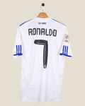 Kick Off Vintage Real Madrid 2010/11 Ronaldo #7 home jersey in white with blue Adidas stripes and LFP sleeve patch