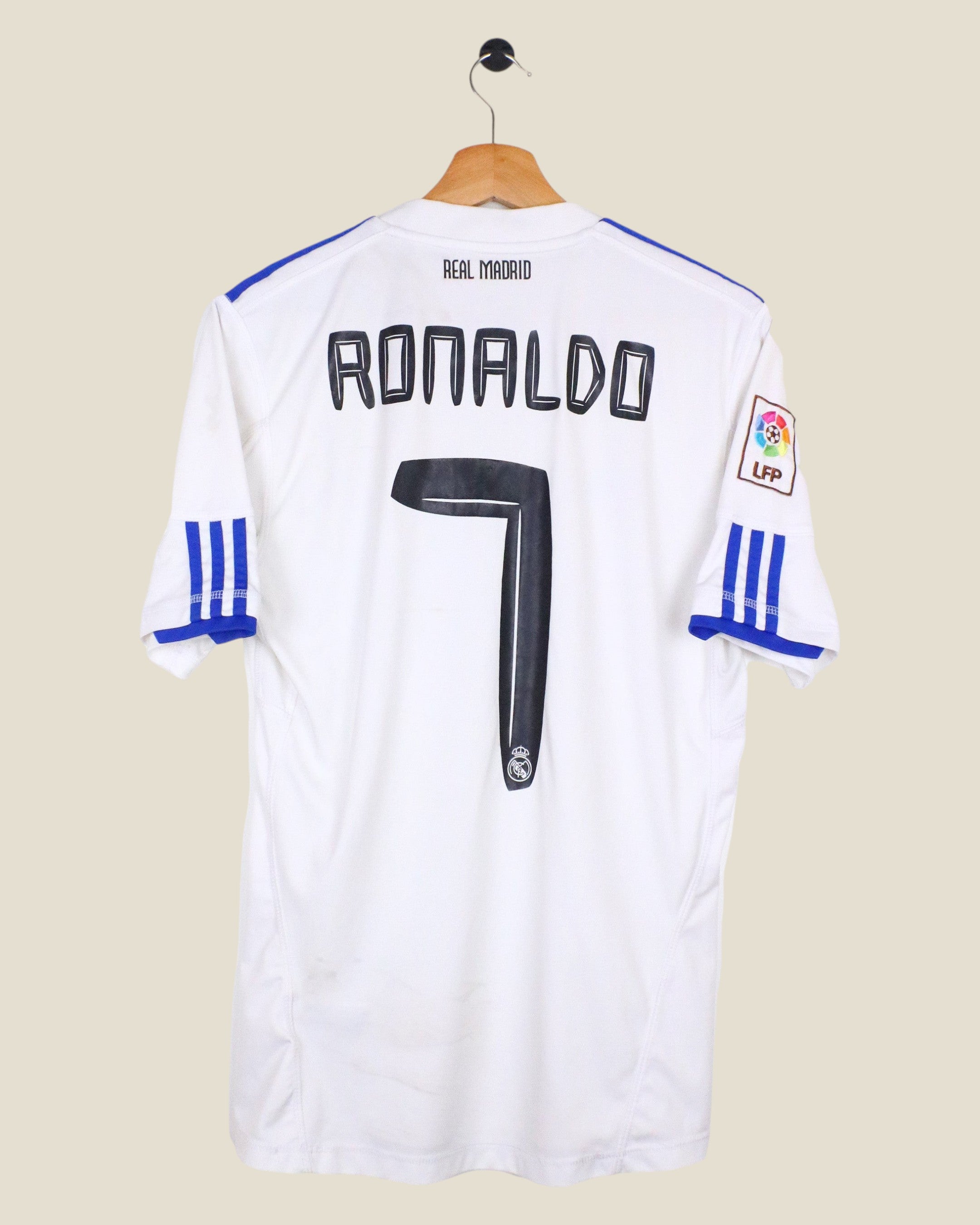 Kick Off Vintage Real Madrid 2010/11 Ronaldo #7 home jersey in white with blue Adidas stripes and LFP sleeve patch