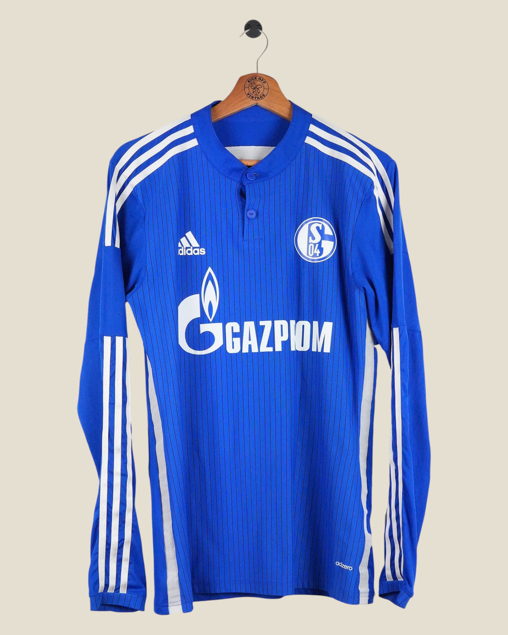 Kick Off Vintage Schalke 04 2015/16 long sleeve player issue home shirt featuring Huntelaar and Adidas branding.