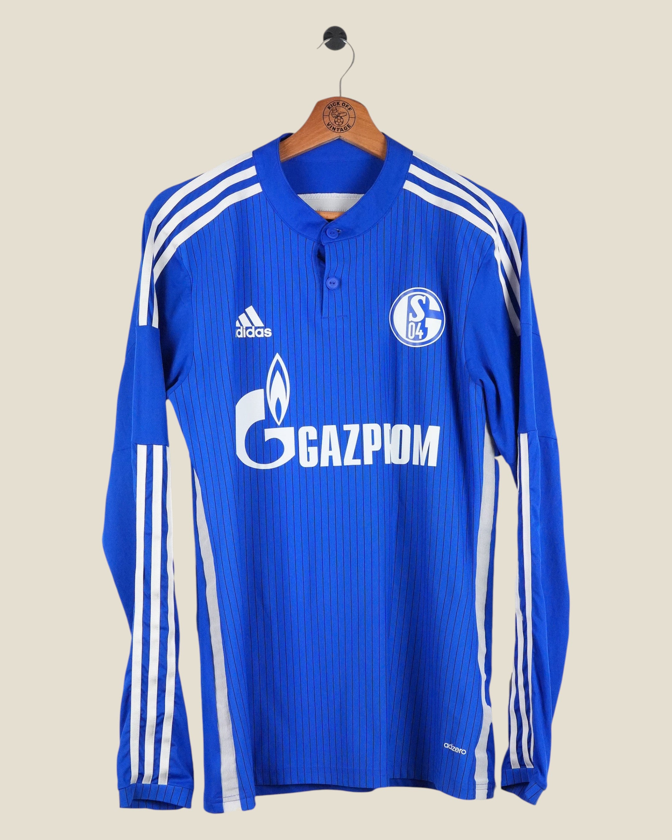 Kick Off Vintage Schalke 04 2015/16 long sleeve player issue home shirt featuring Huntelaar and Adidas branding.