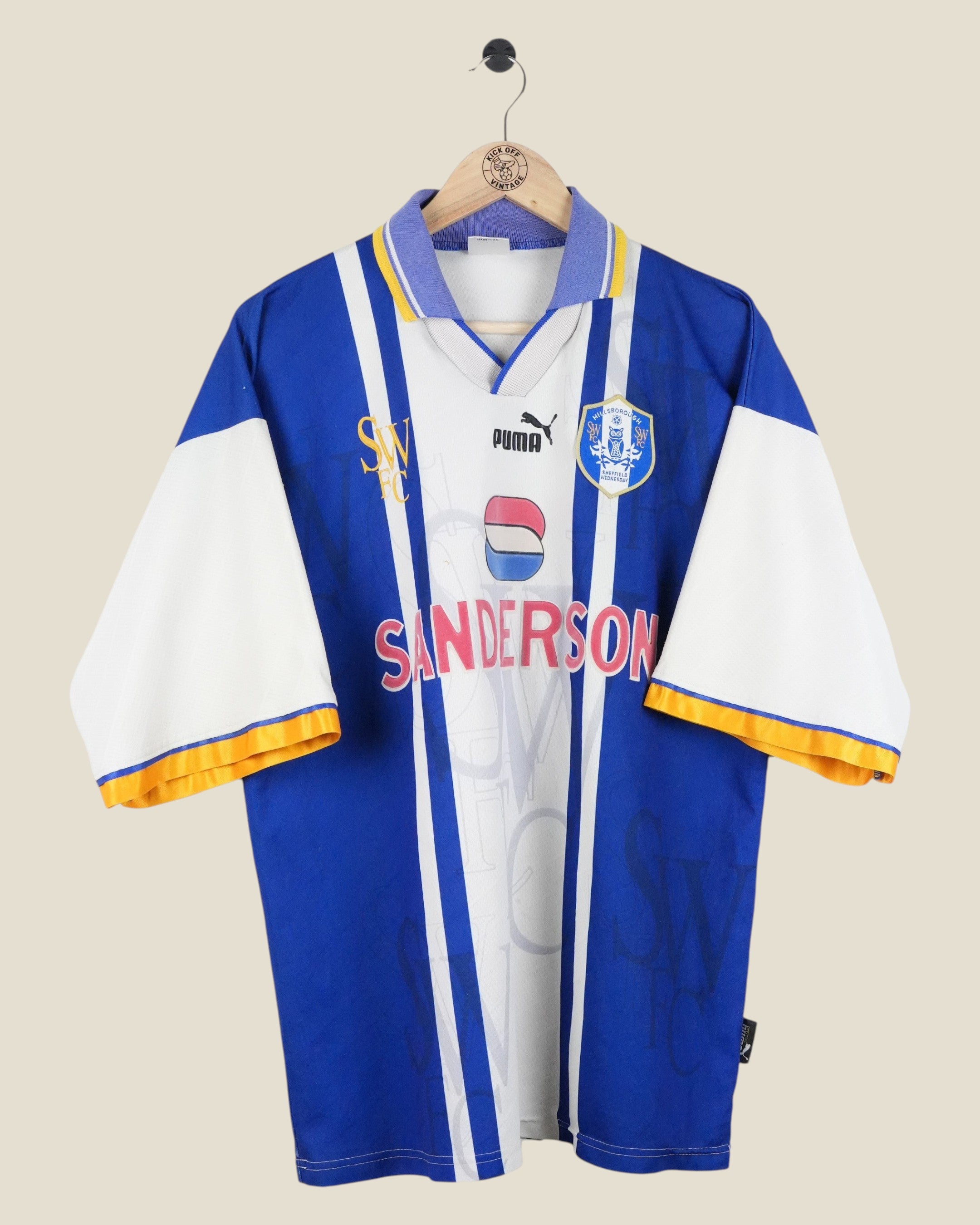 Kick Off Vintage Sheffield Wednesday 1996/97 home football shirt in blue and white with Puma branding.