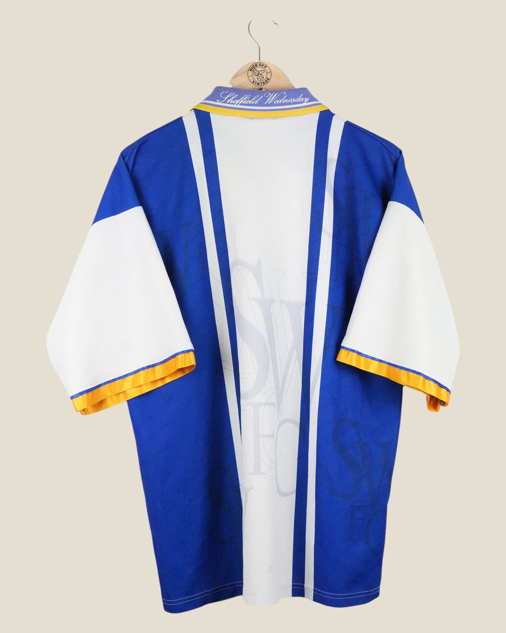 Kick Off Vintage Sheffield Wednesday 1996/97 home football shirt in blue and white with yellow trim, back view