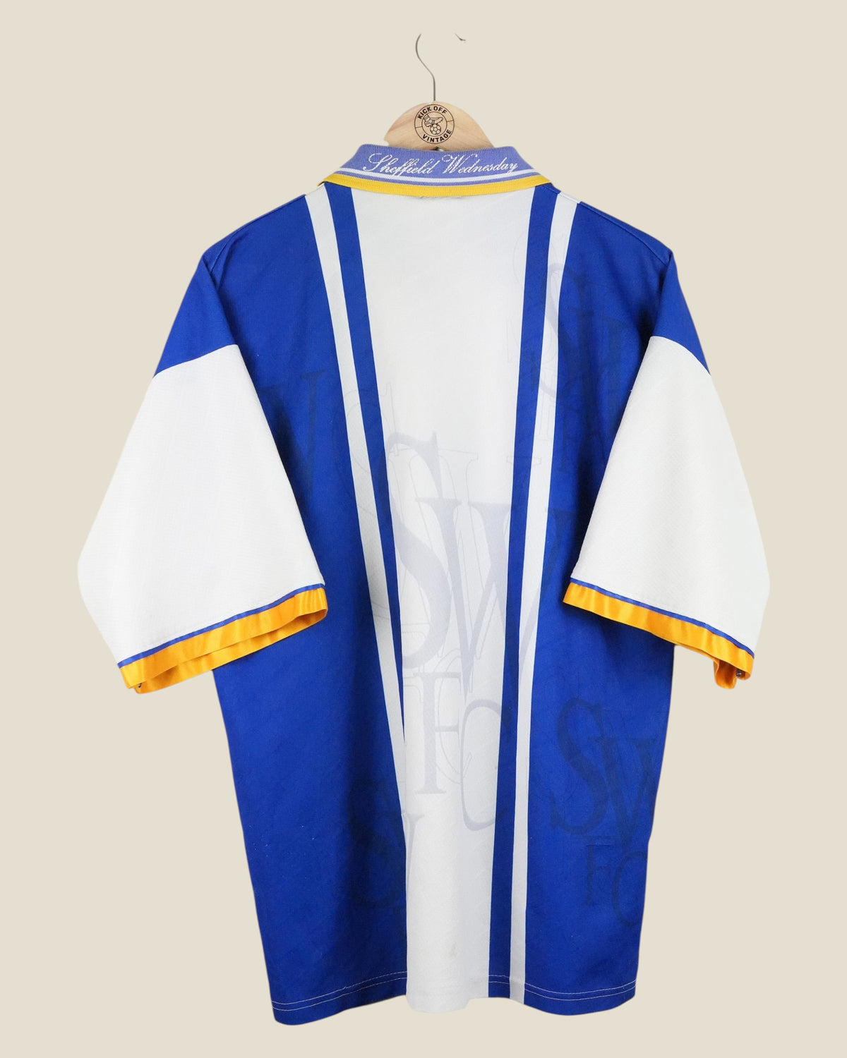 Kick Off Vintage Sheffield Wednesday 1996/97 home football shirt in blue and white with yellow trim, back view