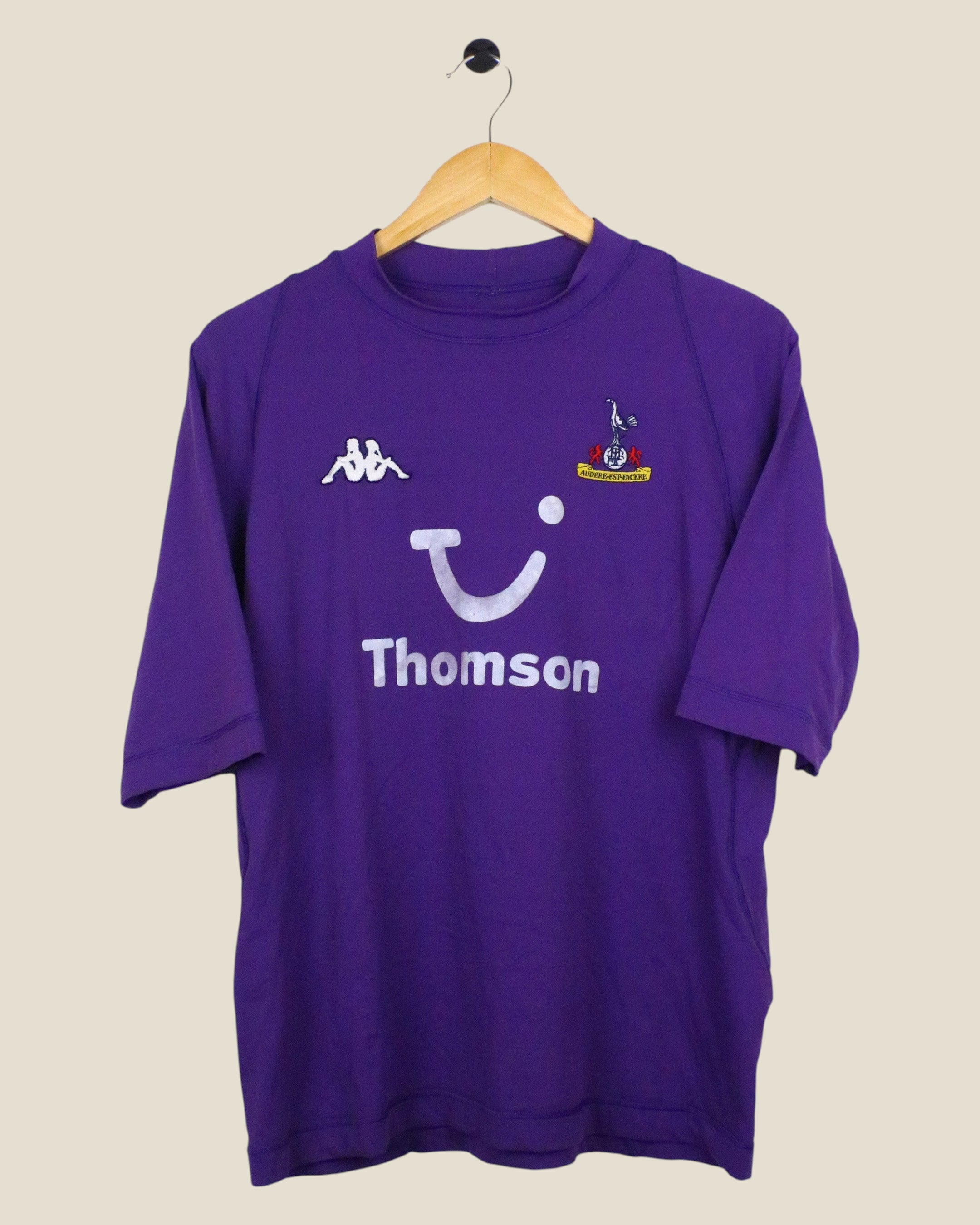 Kick Off Vintage Tottenham Hotspur 2002/03 away football shirt in purple with Kappa branding and Thomson sponsor