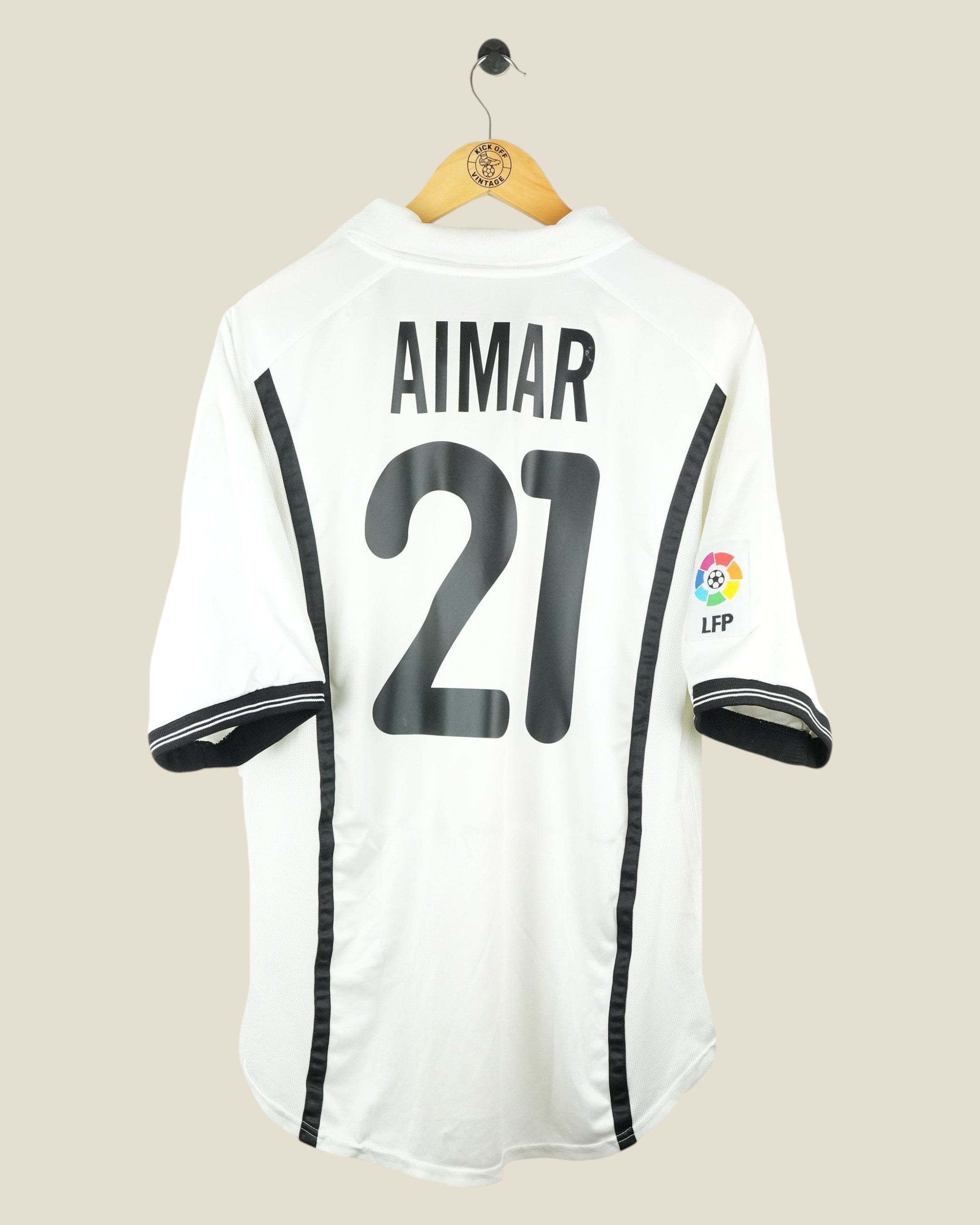Kick Off Vintage Valencia 2000/01 Aimar home football shirt in white with black details and La Liga sleeve patch