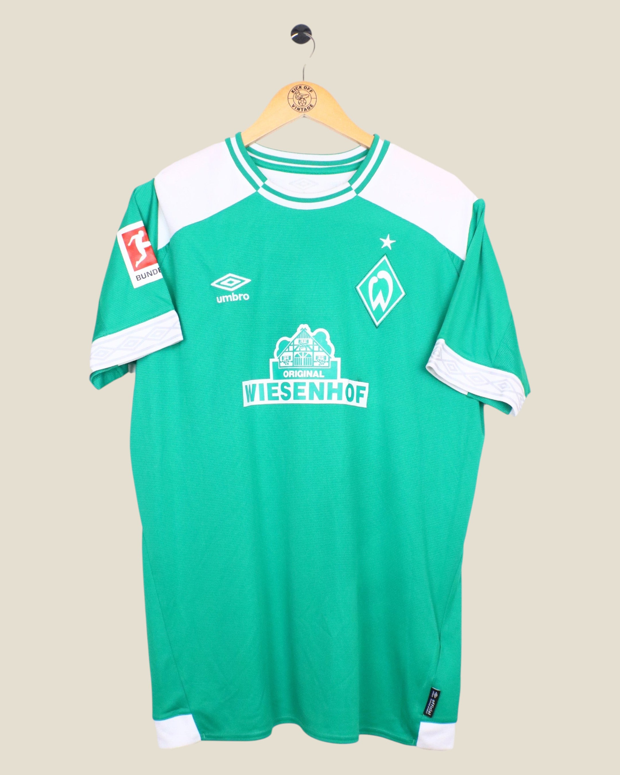 Kick Off Vintage Werder Bremen 2018/19 home football shirt in green and white with Umbro branding