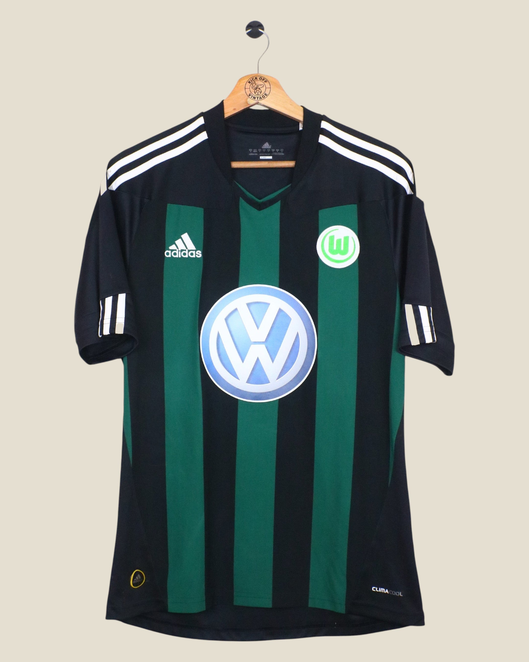 Kick Off Vintage 2010/11 Wolfsburg away football shirt by Adidas in black and green stripes with Volkswagen sponsor
